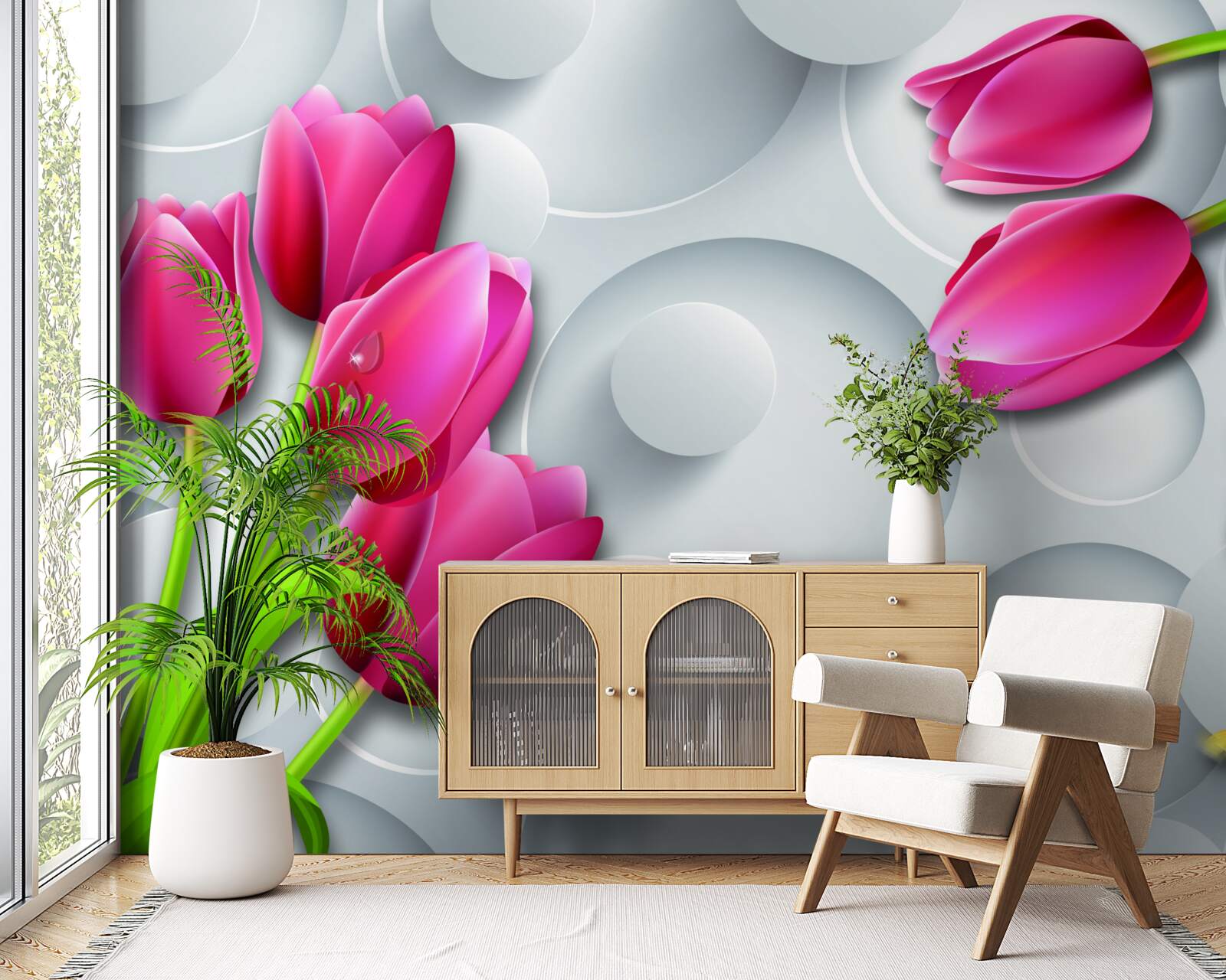 Fototapeta motýle a kytice šarlátových tulipánov