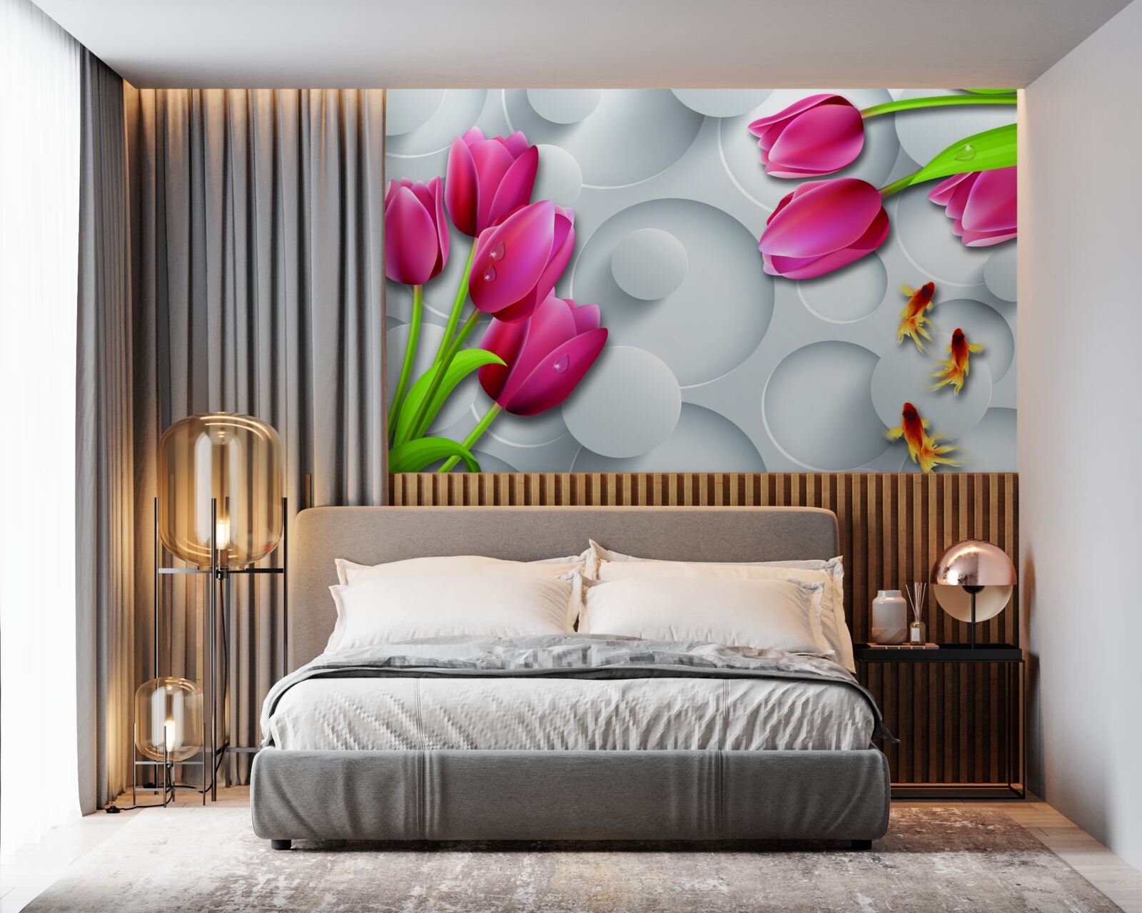 Fototapeta motýle a kytice šarlátových tulipánov