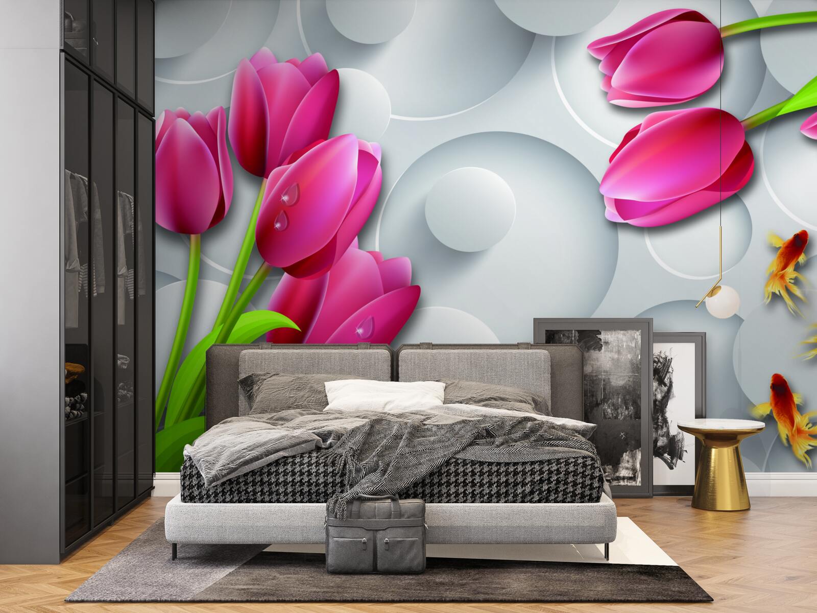 Fototapeta motýle a kytice šarlátových tulipánov