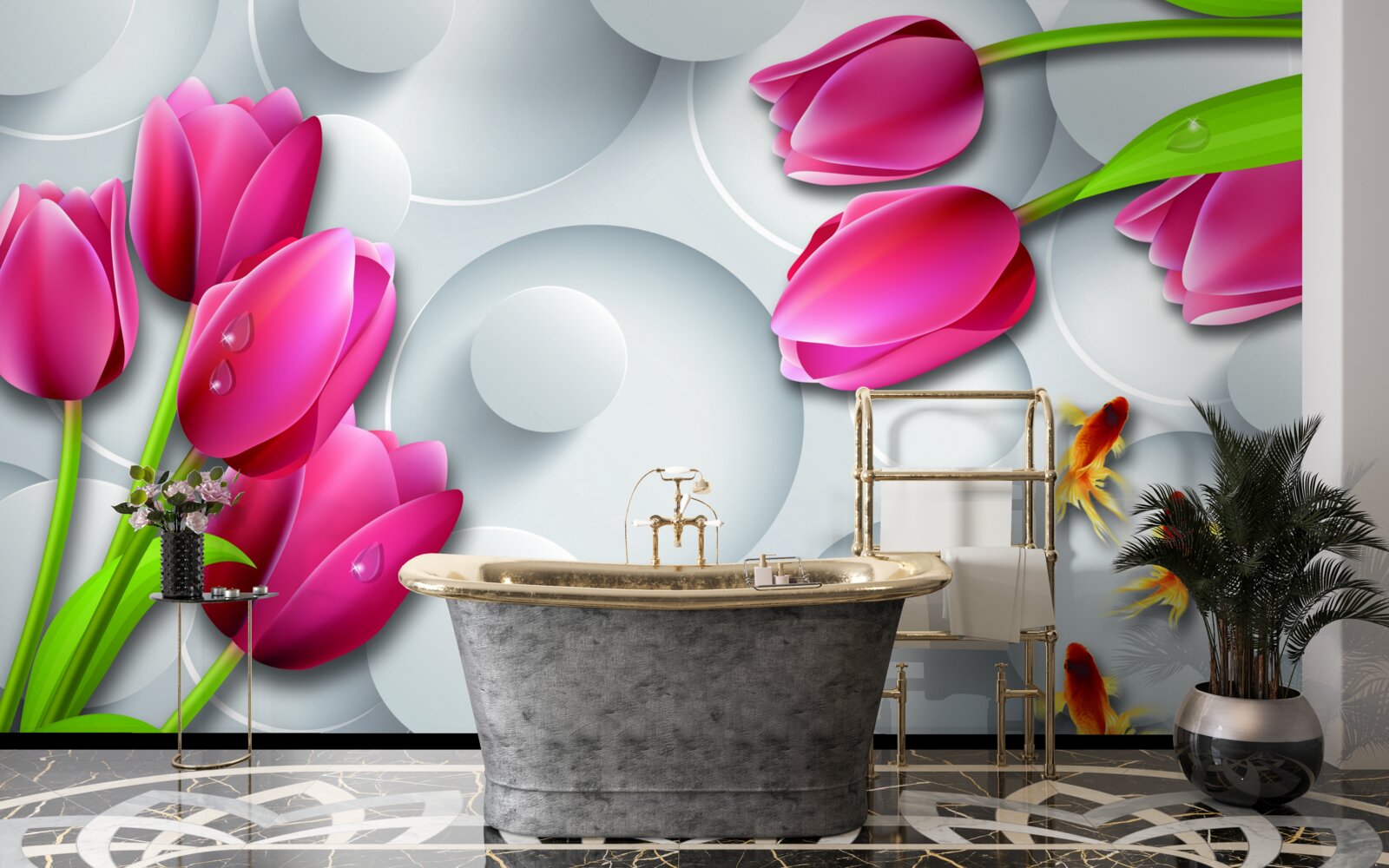 Fototapeta motýle a kytice šarlátových tulipánov