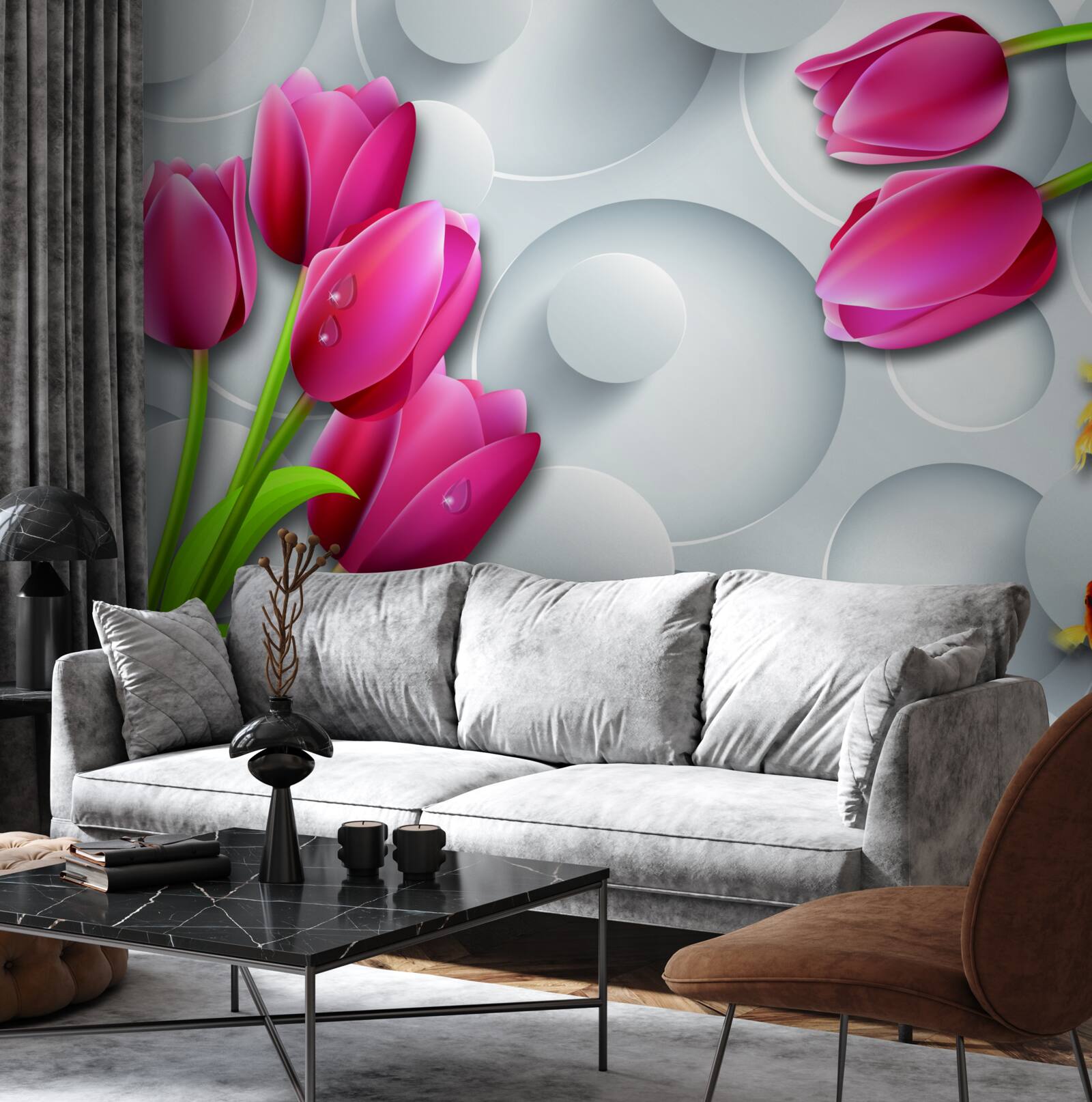 Fototapeta motýle a kytice šarlátových tulipánov