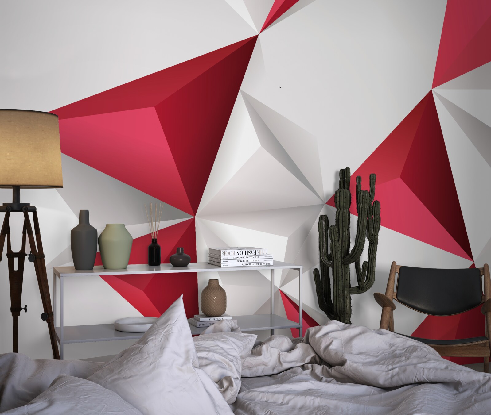 Fototapeta trojuholníky v bielej a červenej farbe s objemom