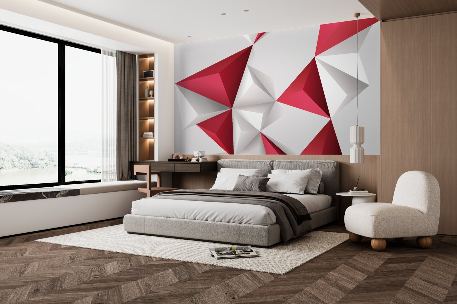 Fototapeta trojuholníky v bielej a červenej farbe s objemom