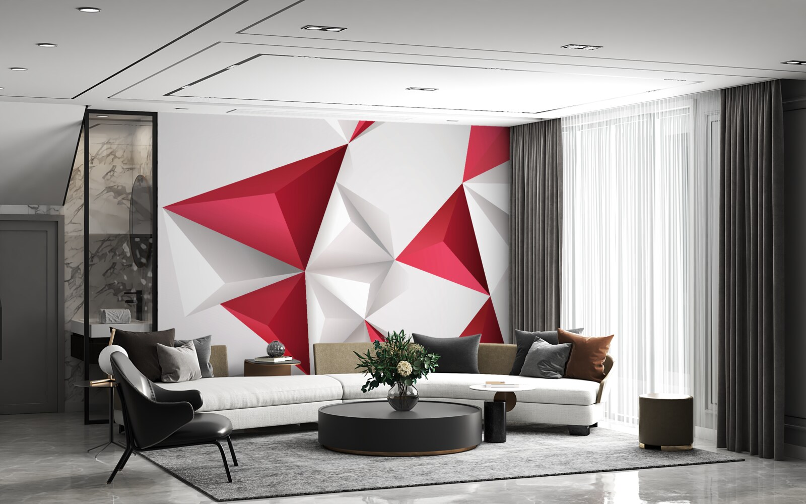 Fototapeta trojuholníky v bielej a červenej farbe s objemom
