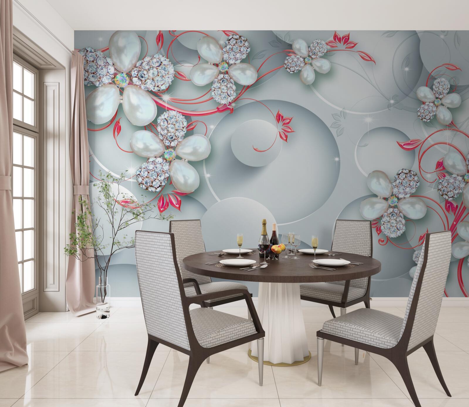 Fototapeta kvety v bielych odtieňoch s prvkami perál a kamienkov