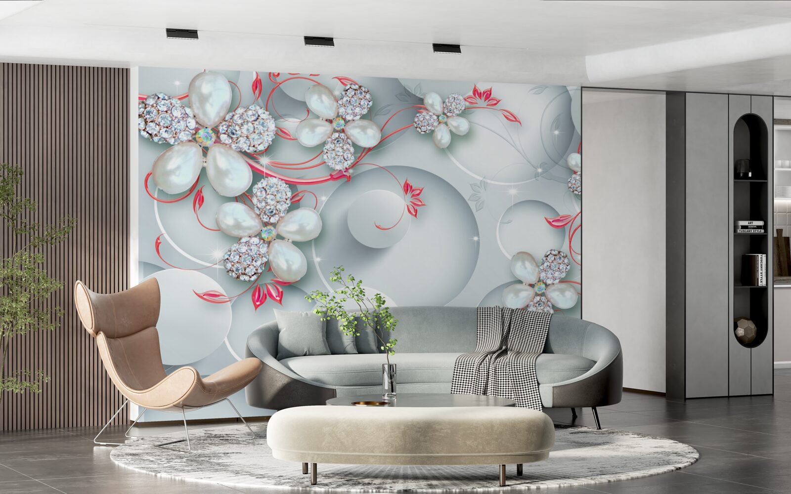 Fototapeta kvety v bielych odtieňoch s prvkami perál a kamienkov