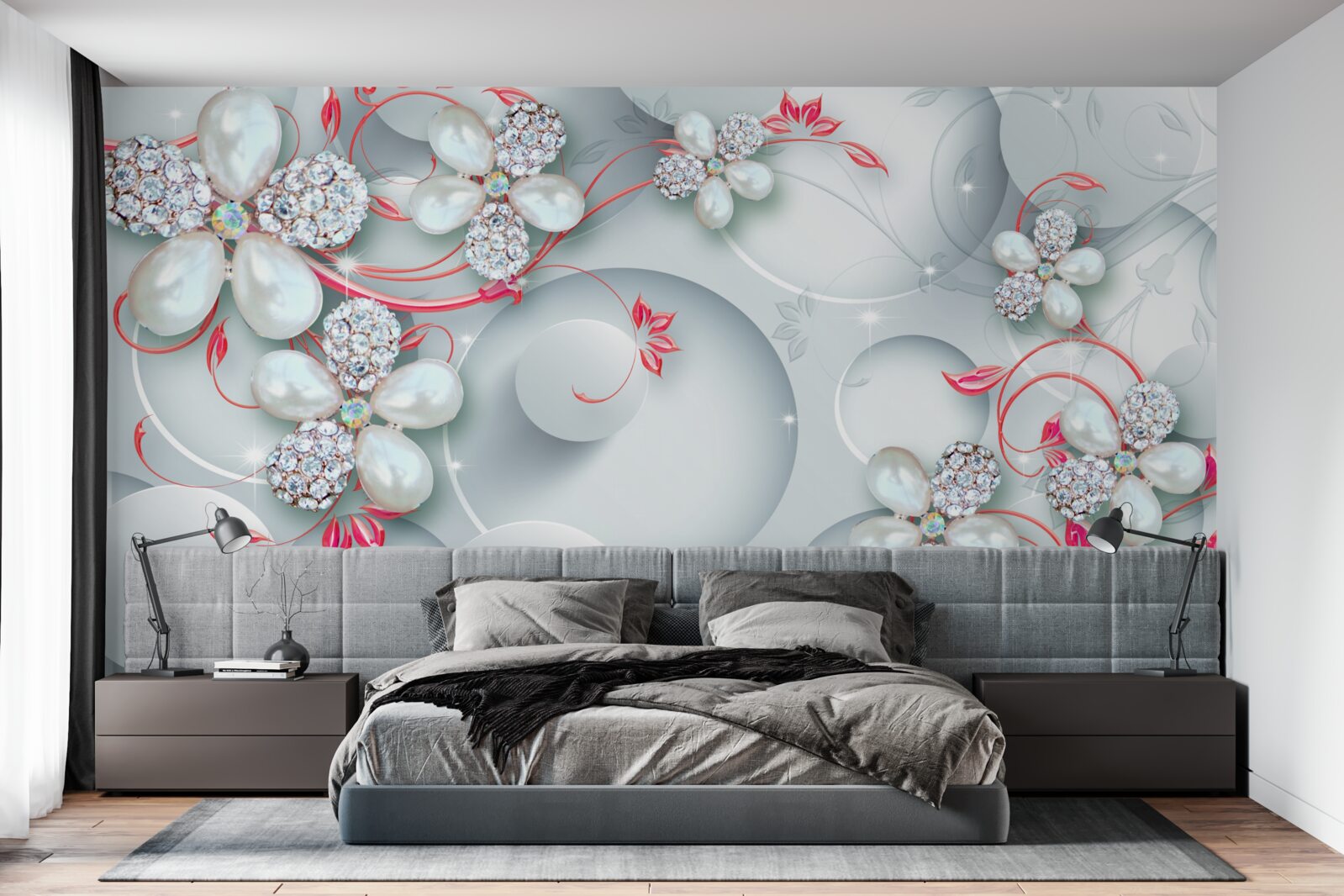 Fototapeta kvety v bielych odtieňoch s prvkami perál a kamienkov