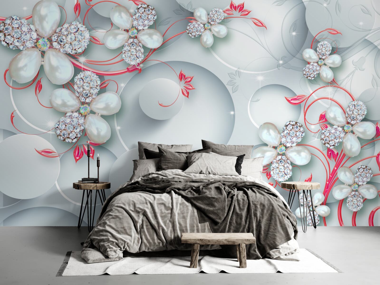 Fototapeta kvety v bielych odtieňoch s prvkami perál a kamienkov