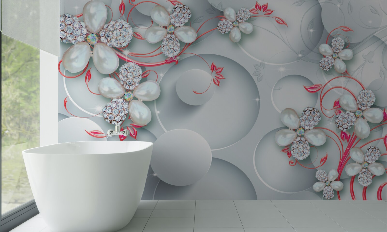 Fototapeta kvety v bielych odtieňoch s prvkami perál a kamienkov