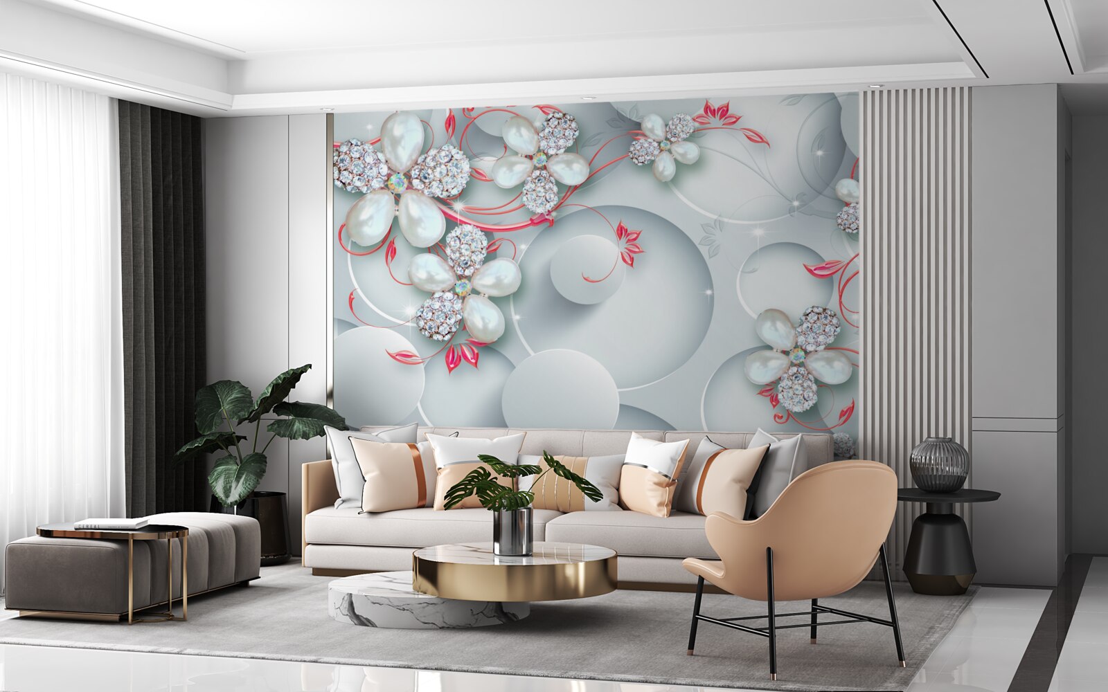 Fototapeta kvety v bielych odtieňoch s prvkami perál a kamienkov