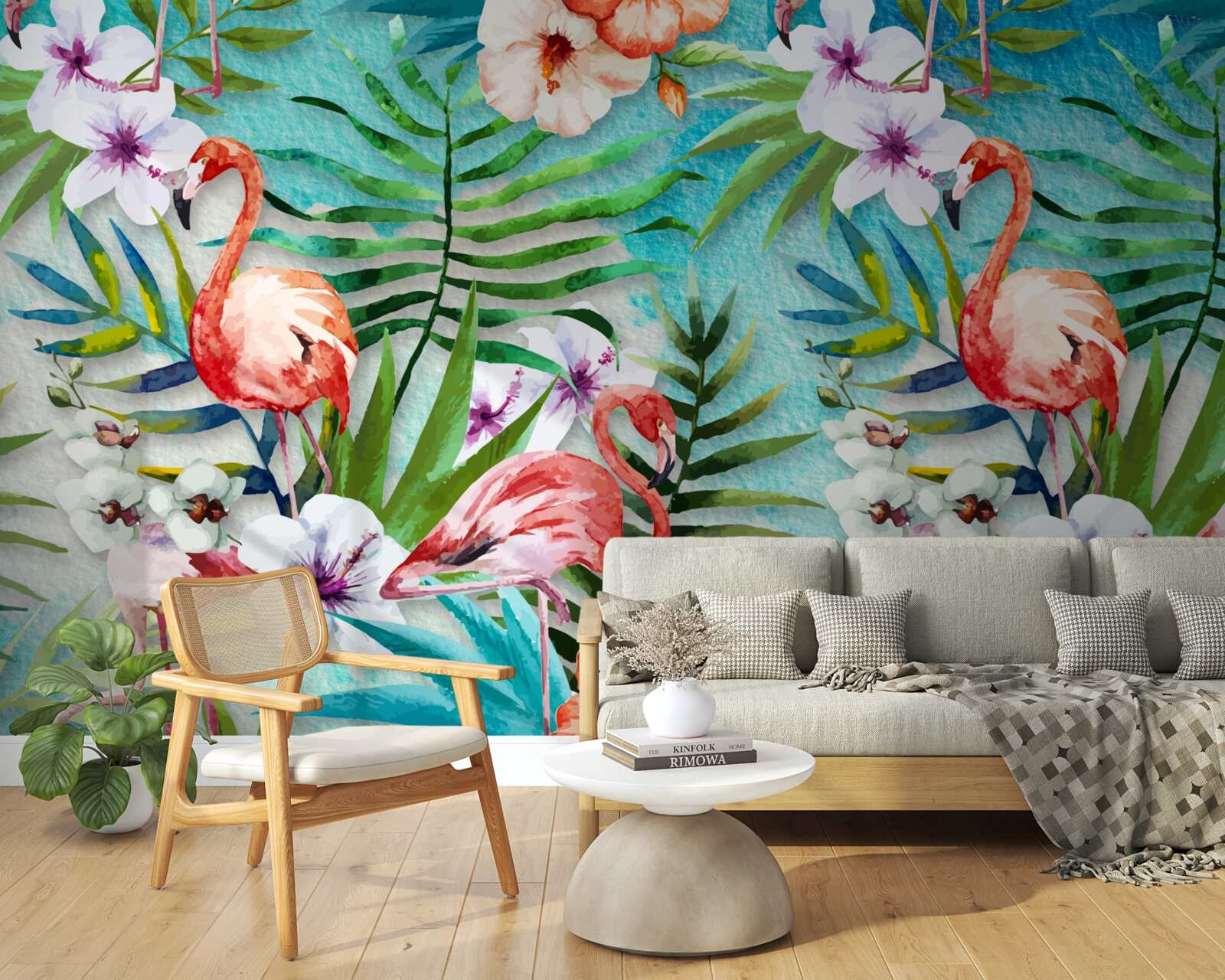 Fototapeta listy sú obklopené ružovými plameniakmi