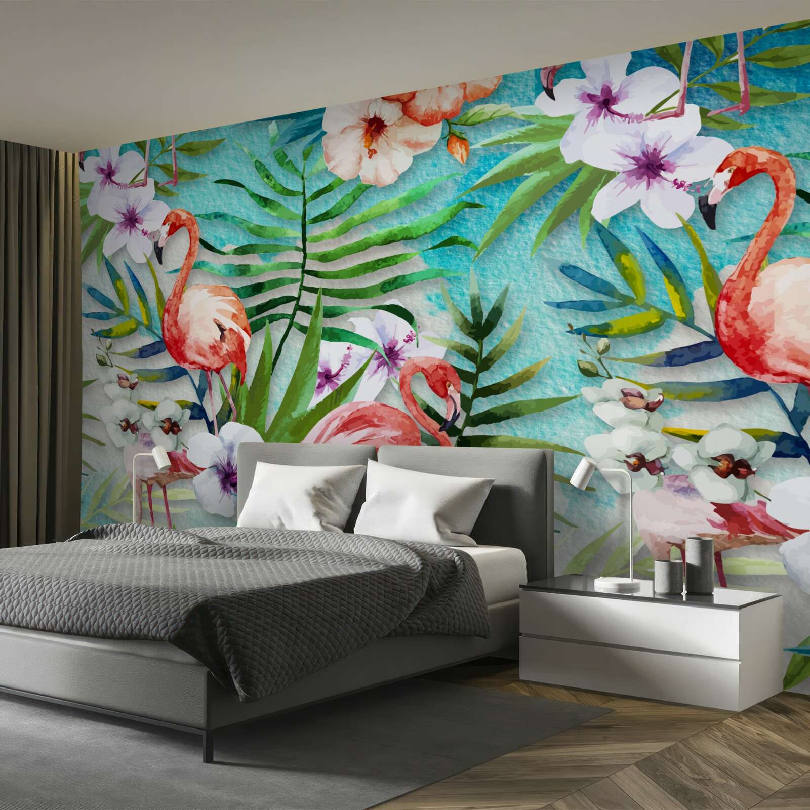 Fototapeta listy sú obklopené ružovými plameniakmi