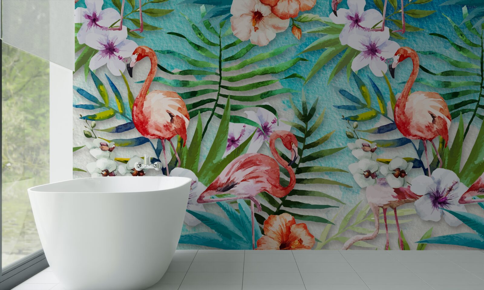 Fototapeta listy sú obklopené ružovými plameniakmi