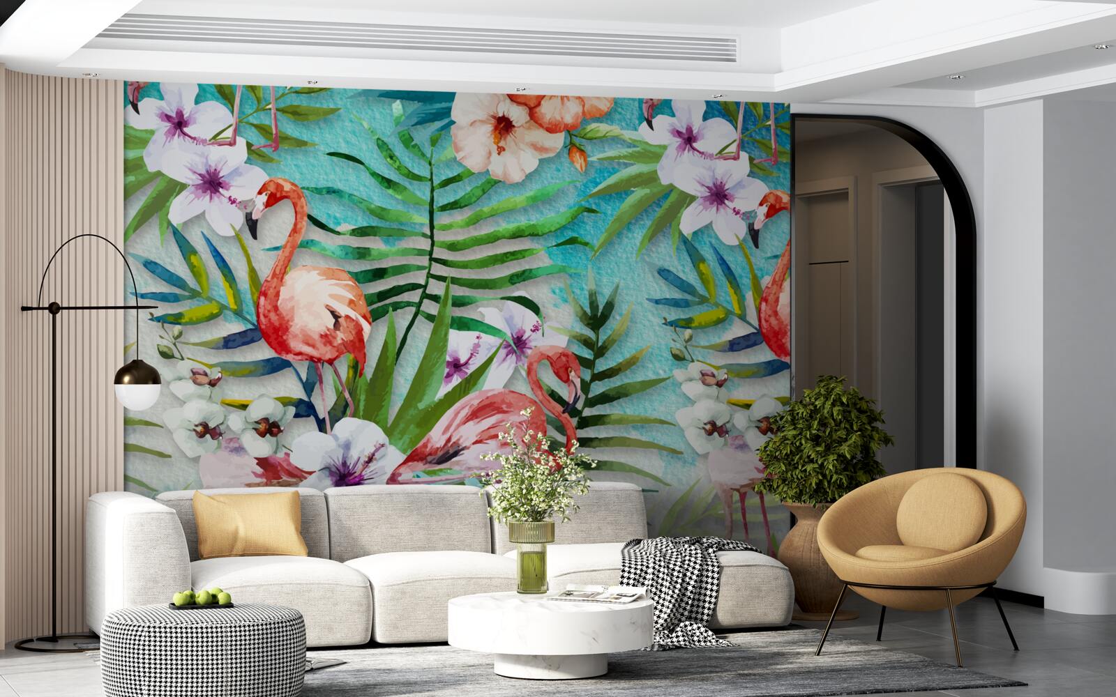 Fototapeta listy sú obklopené ružovými plameniakmi