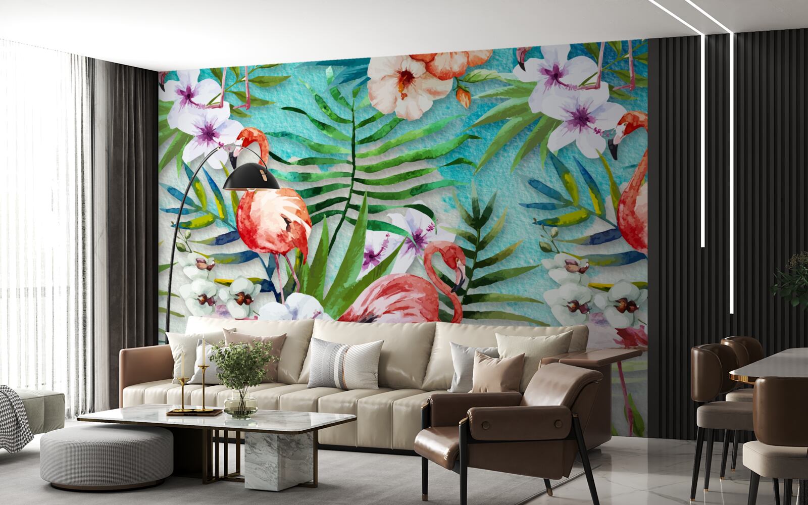 Fototapeta listy sú obklopené ružovými plameniakmi