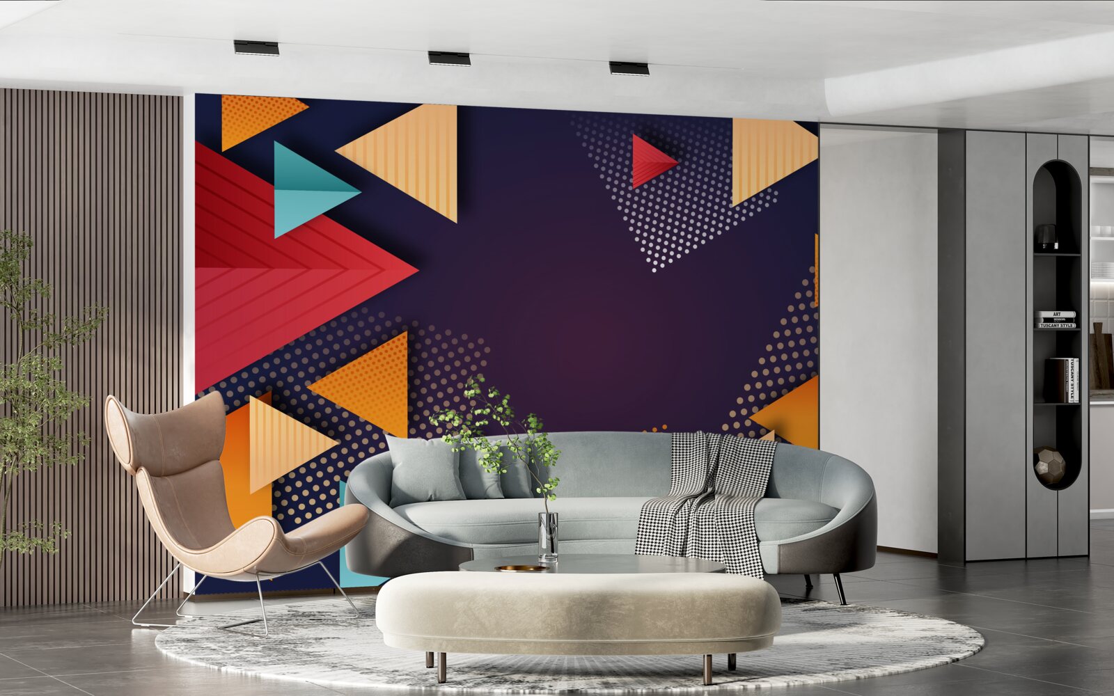 Fototapeta trojuholníky rôznych odtieňov na fialovom pozadí