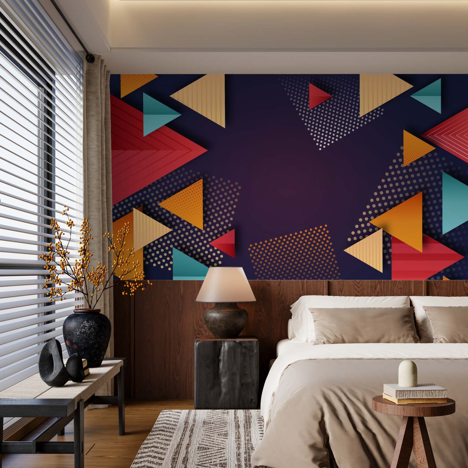 Fototapeta trojuholníky rôznych odtieňov na fialovom pozadí