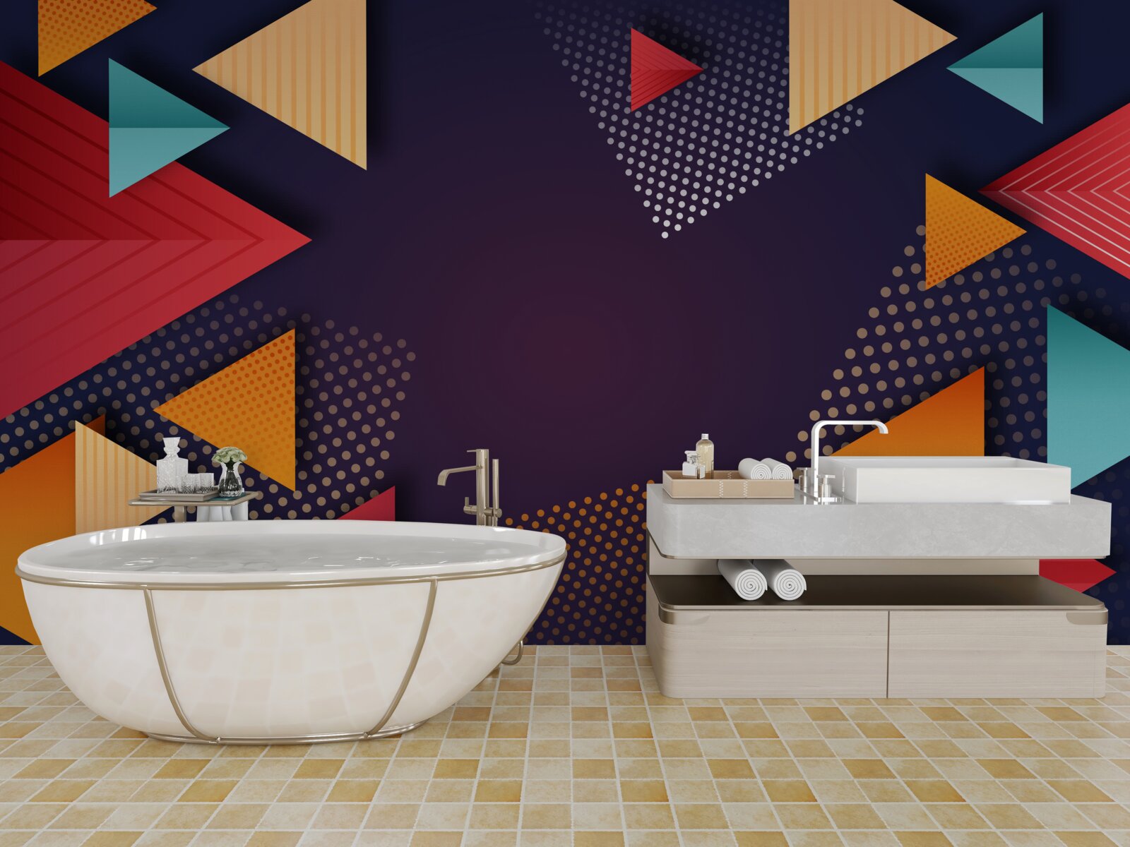 Fototapeta trojuholníky rôznych odtieňov na fialovom pozadí