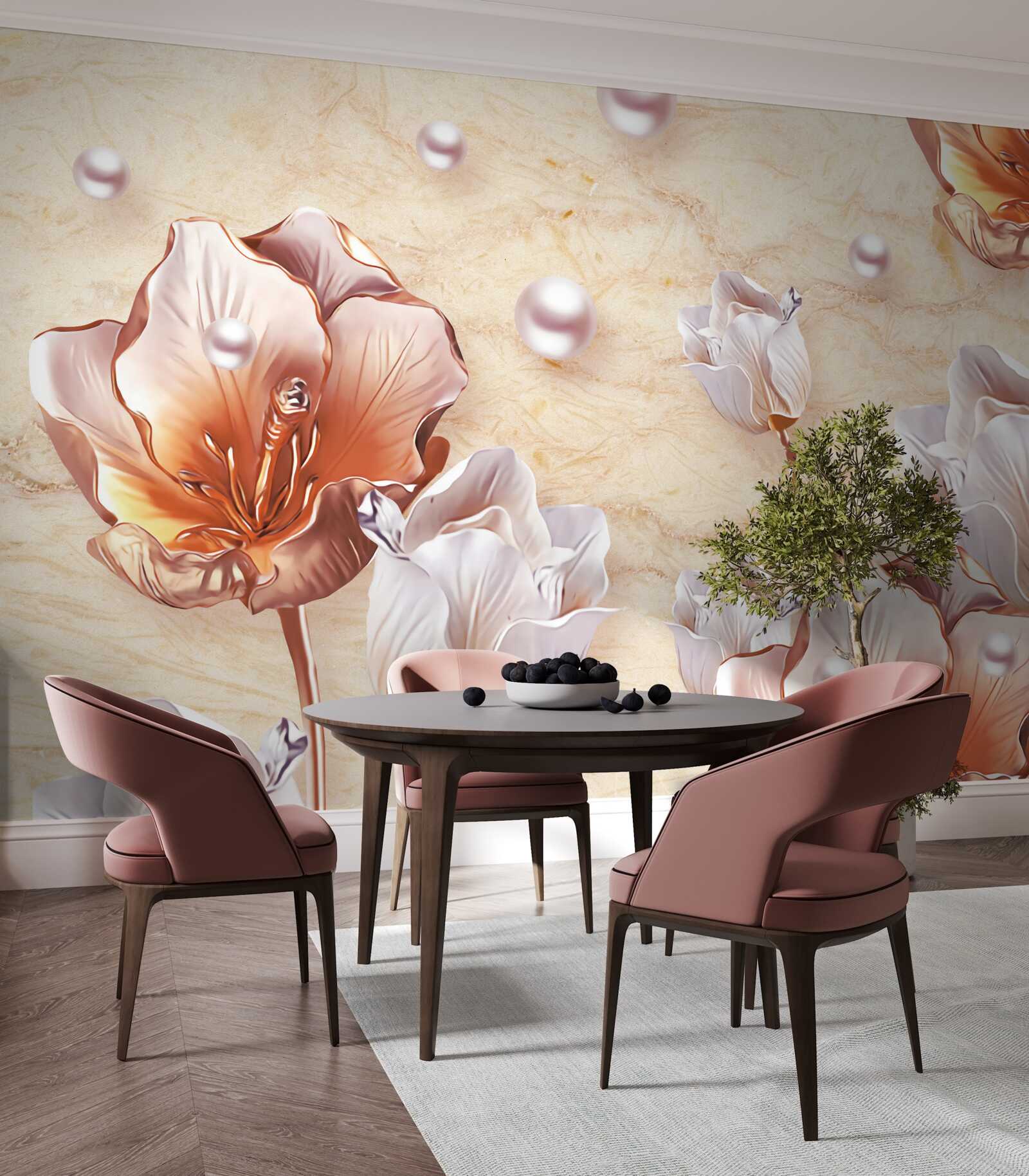 Fototapeta lesklé kamienky, svetlé korálky a nádherné kvety