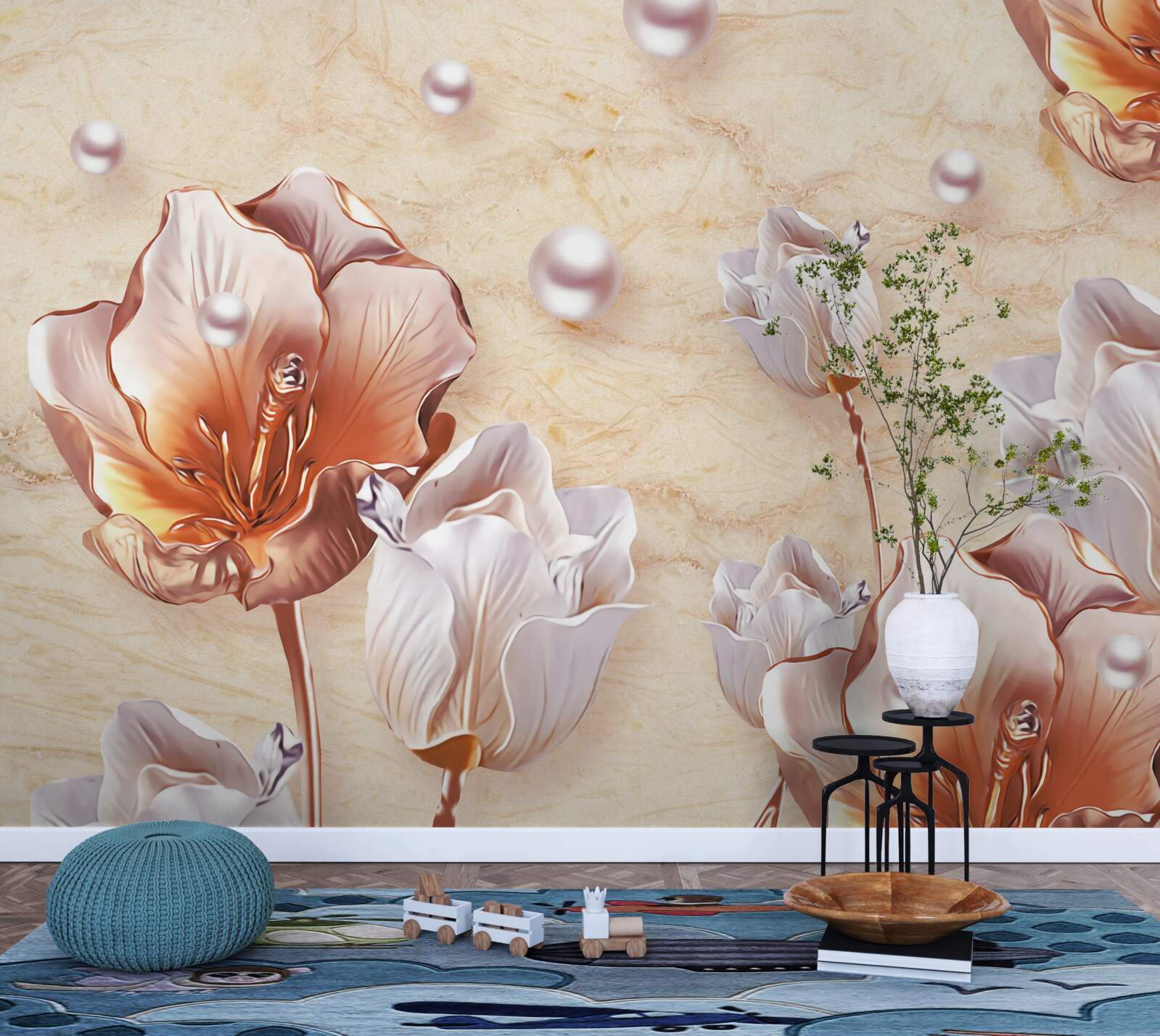 Fototapeta lesklé kamienky, svetlé korálky a nádherné kvety