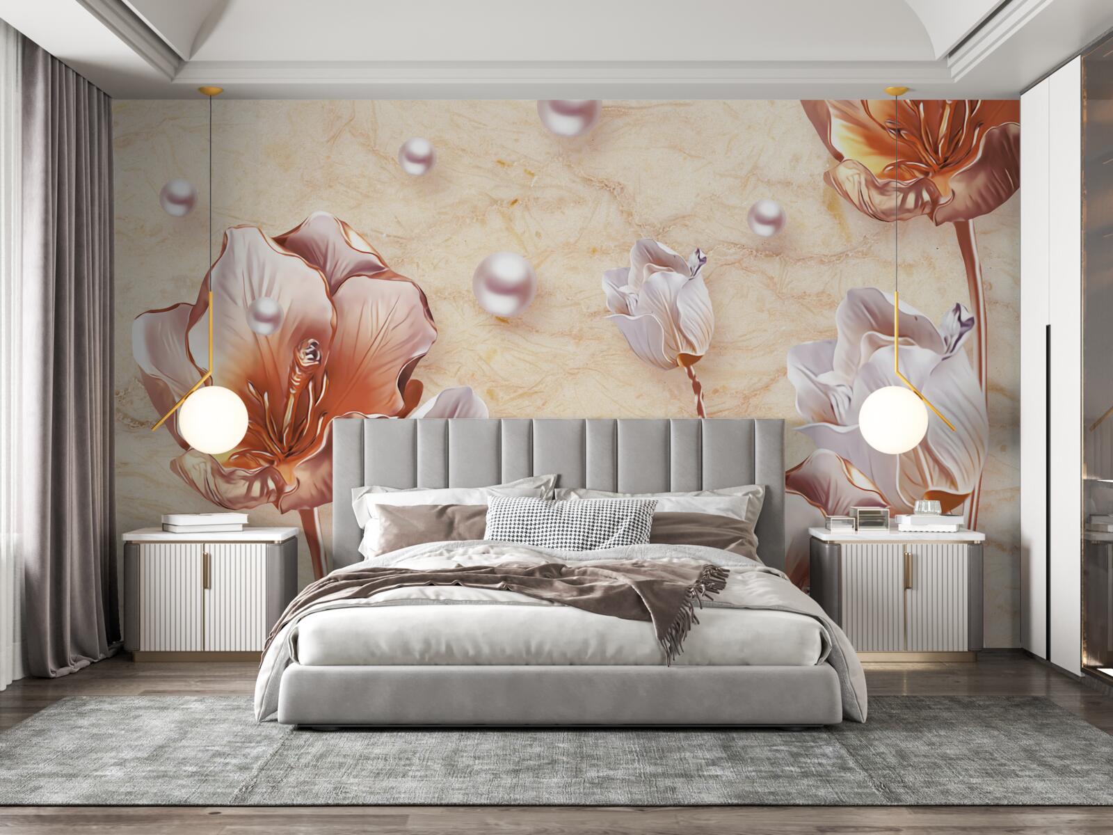 Fototapeta lesklé kamienky, svetlé korálky a nádherné kvety