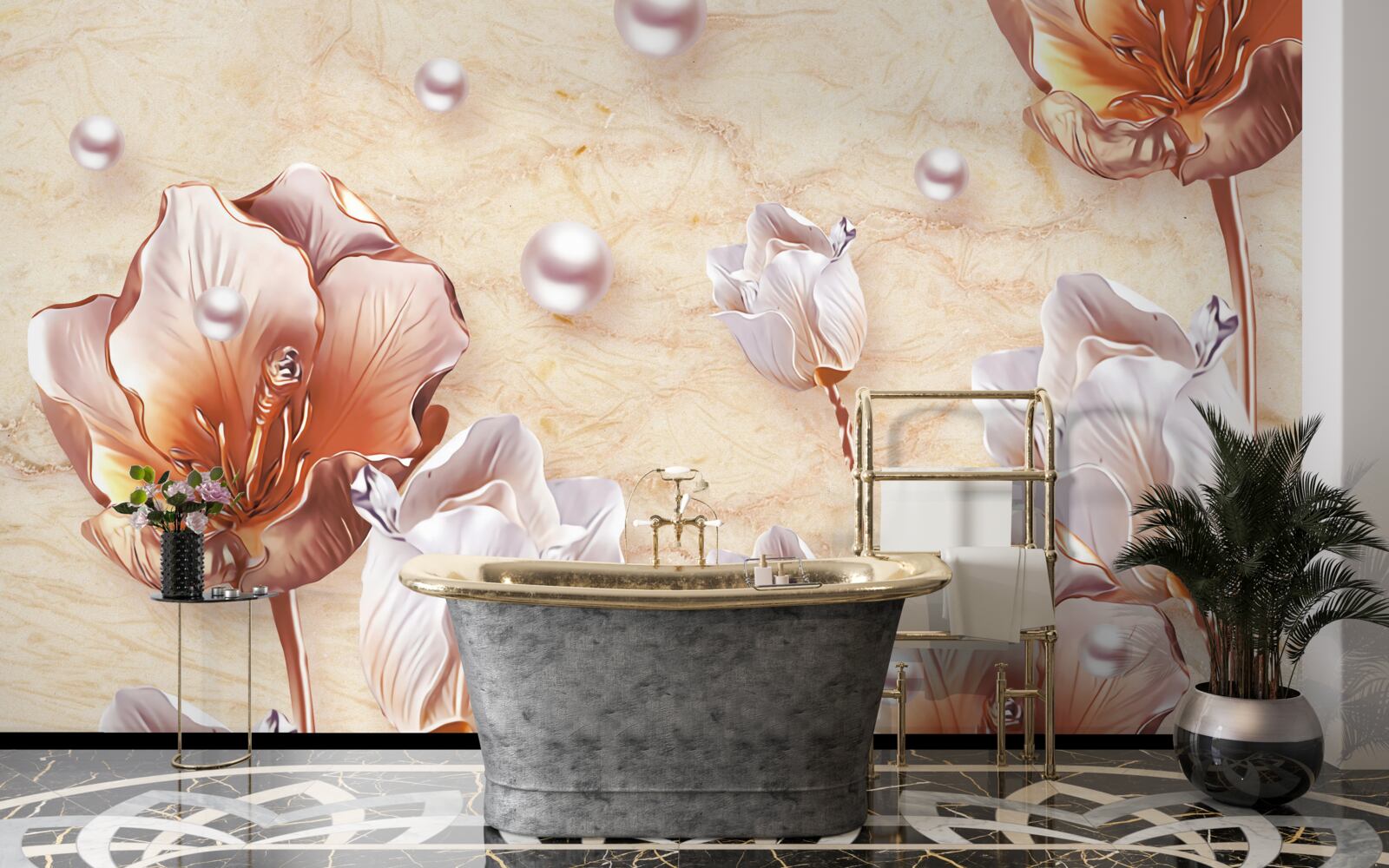 Fototapeta lesklé kamienky, svetlé korálky a nádherné kvety