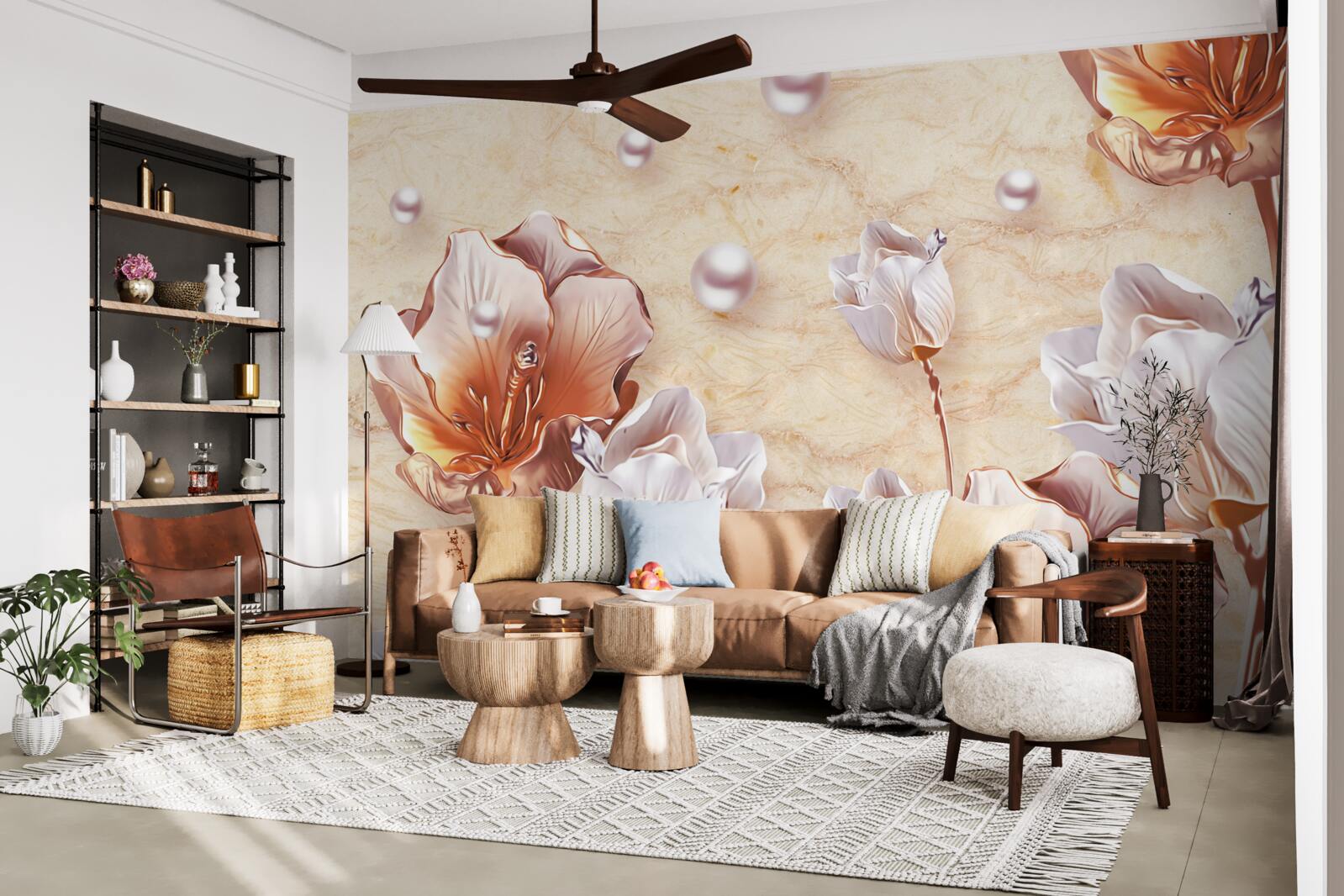 Fototapeta lesklé kamienky, svetlé korálky a nádherné kvety