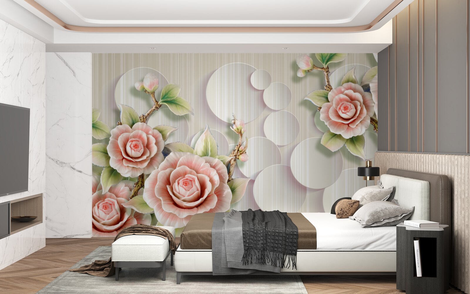 Fototapeta svetlý podklad zdobí jemná ruža vo farbe čaju