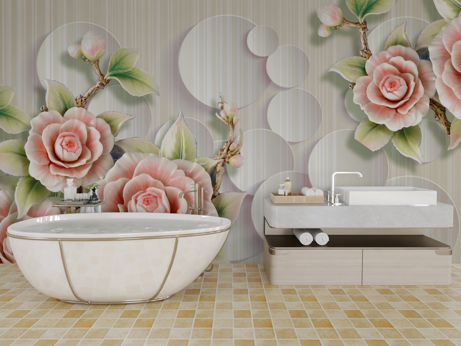 Fototapeta svetlý podklad zdobí jemná ruža vo farbe čaju