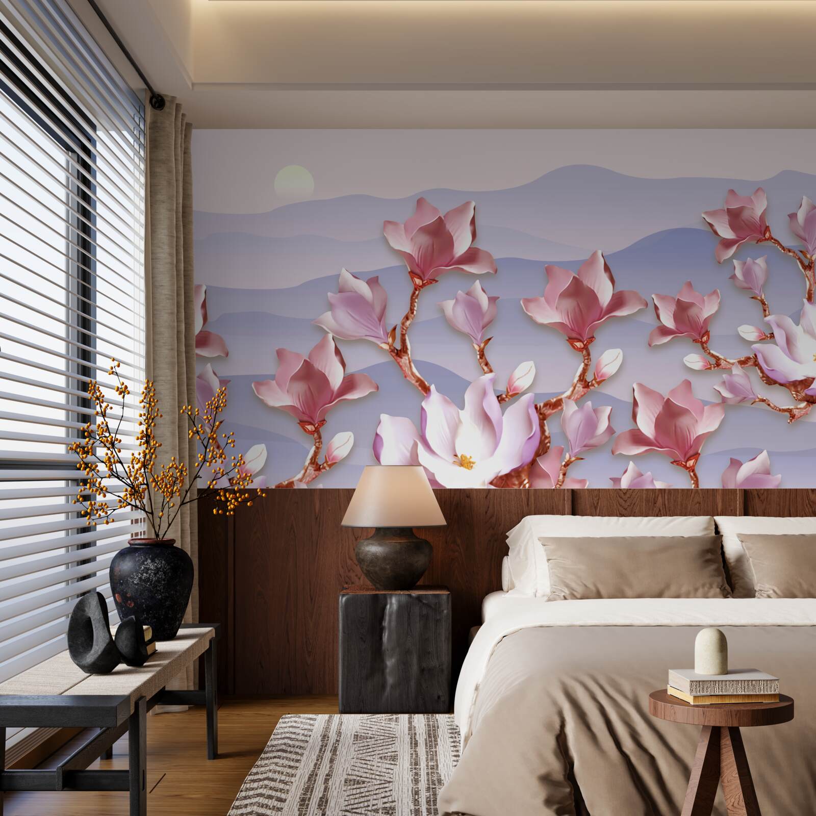 Fototapeta púčiky magnólie ružové na pozadí úsvitu zaniknutého dňa