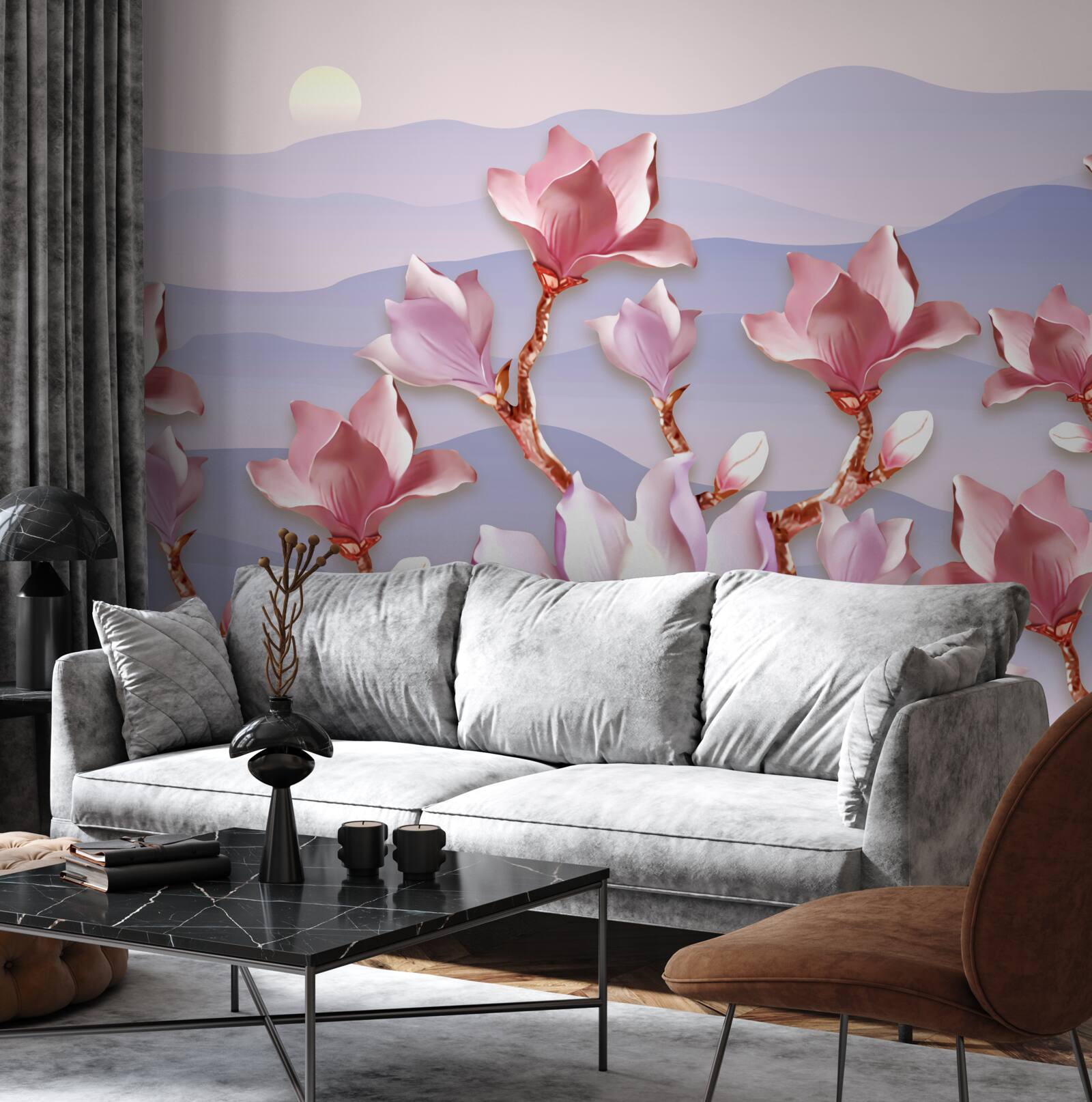 Fototapeta púčiky magnólie ružové na pozadí úsvitu zaniknutého dňa