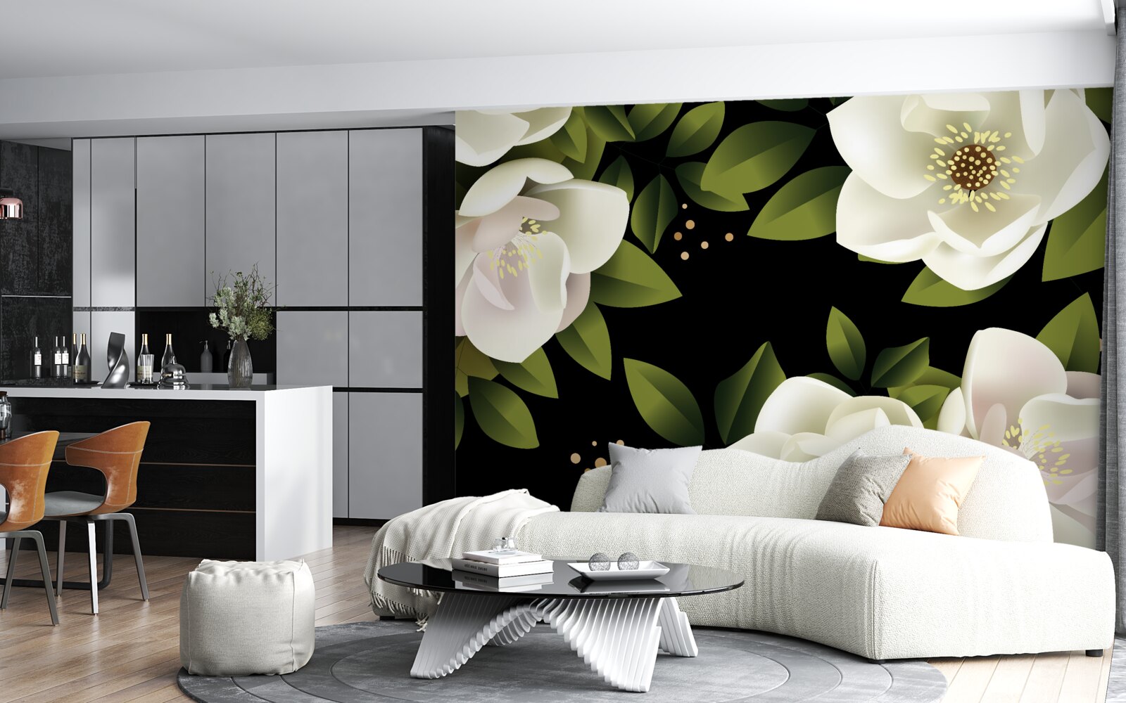 Fototapeta čierne pozadie obklopuje biele kvety