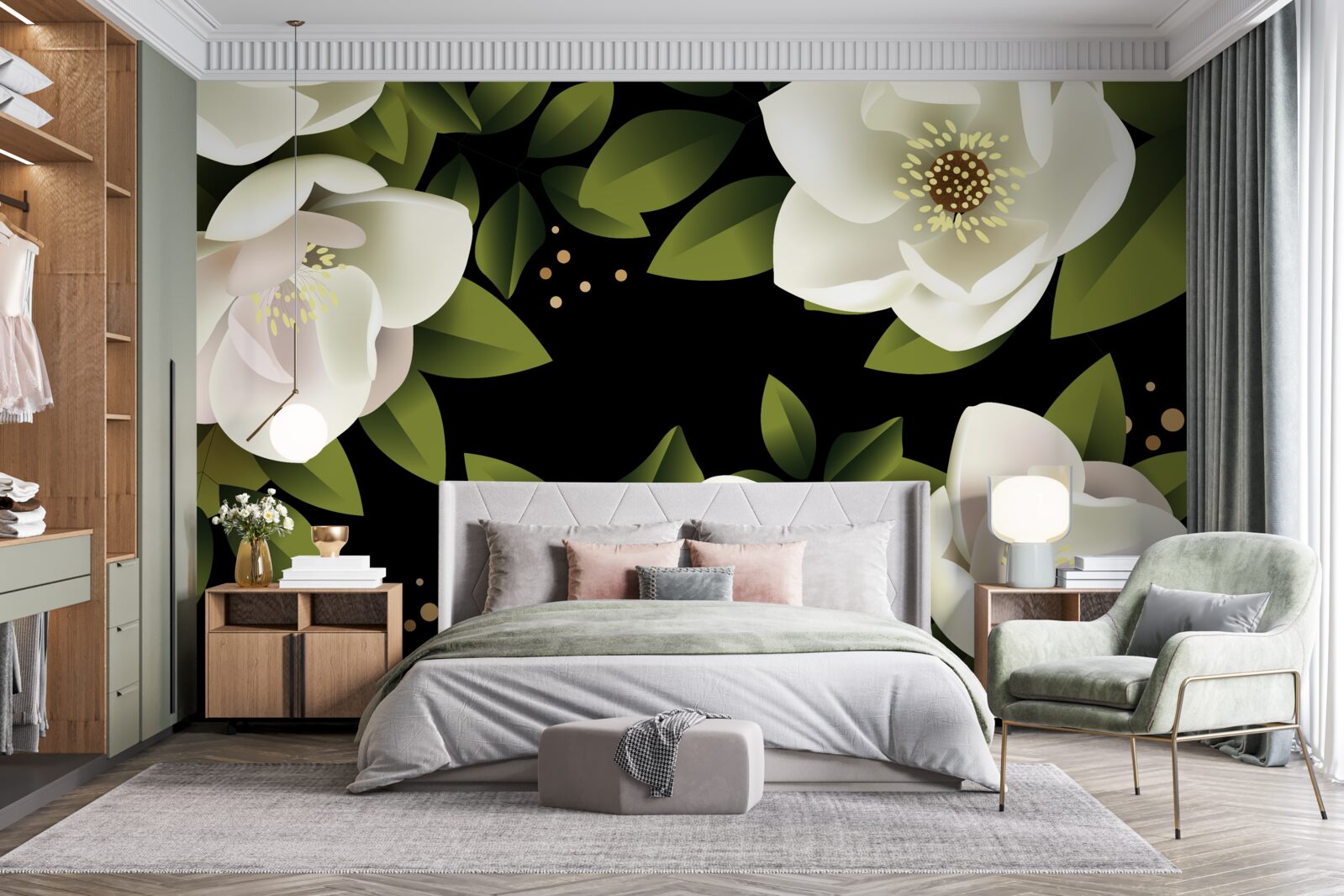 Fototapeta čierne pozadie obklopuje biele kvety