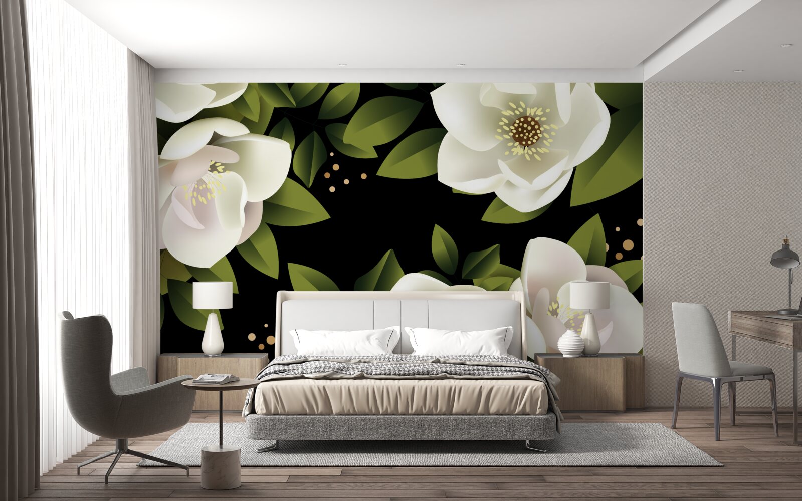 Fototapeta čierne pozadie obklopuje biele kvety