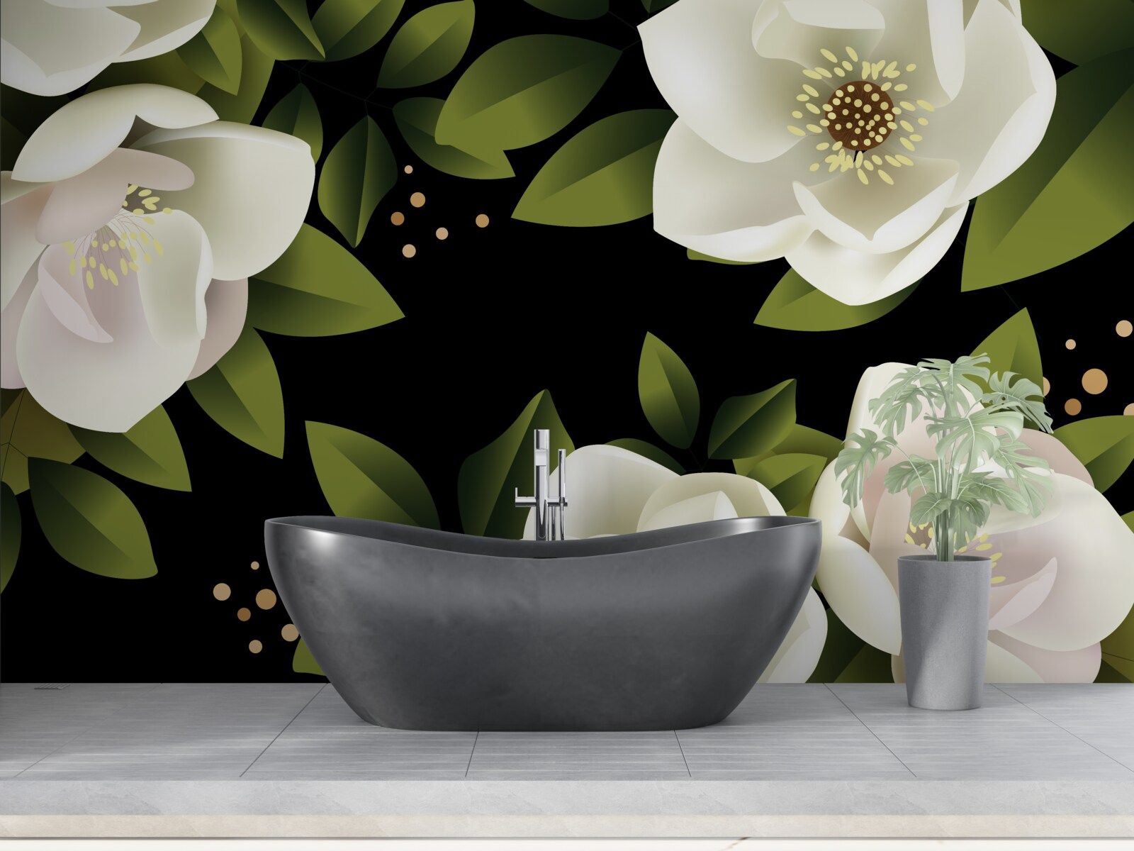 Fototapeta čierne pozadie obklopuje biele kvety