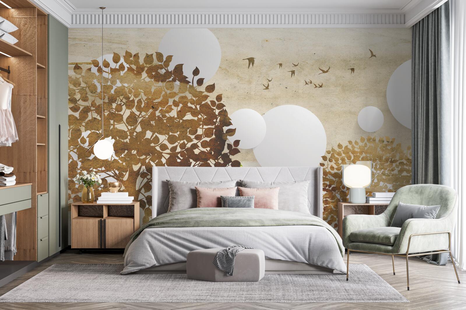 Fototapeta biele kruhy a stromy v jesennom západe slnka