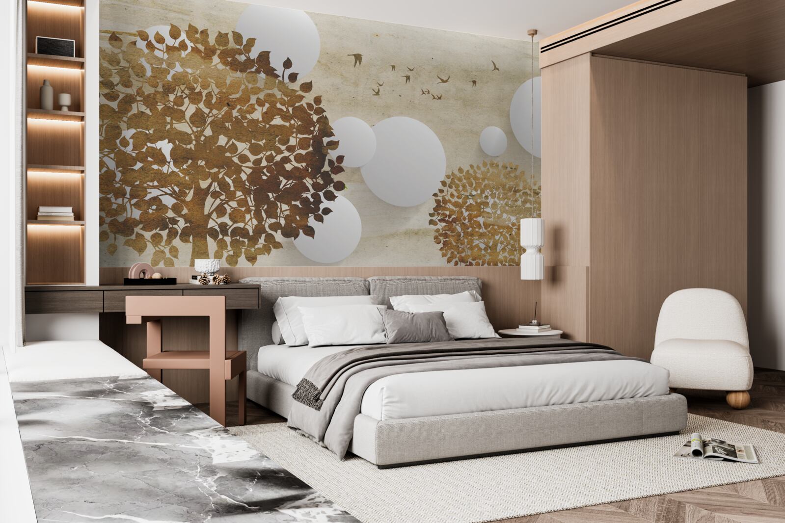 Fototapeta biele kruhy a stromy v jesennom západe slnka