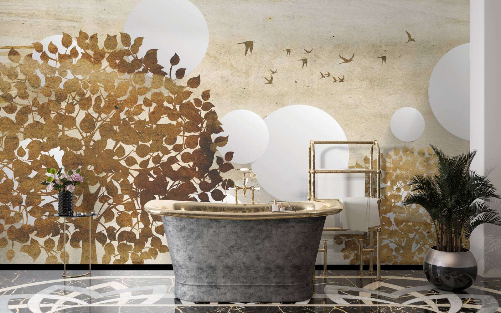 Fototapeta biele kruhy a stromy v jesennom západe slnka