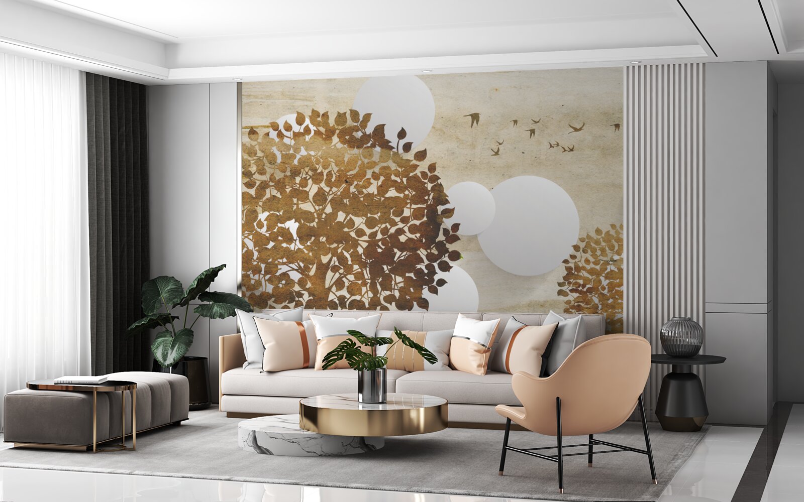 Fototapeta biele kruhy a stromy v jesennom západe slnka