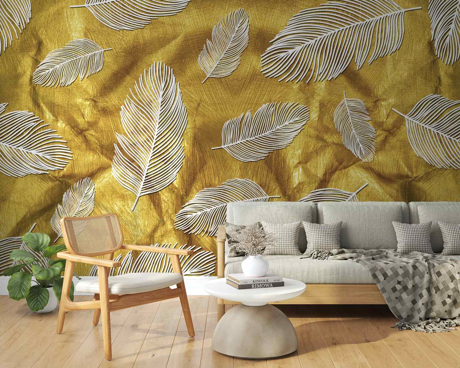 Fototapeta tenké biele pierka na zlatom podklade