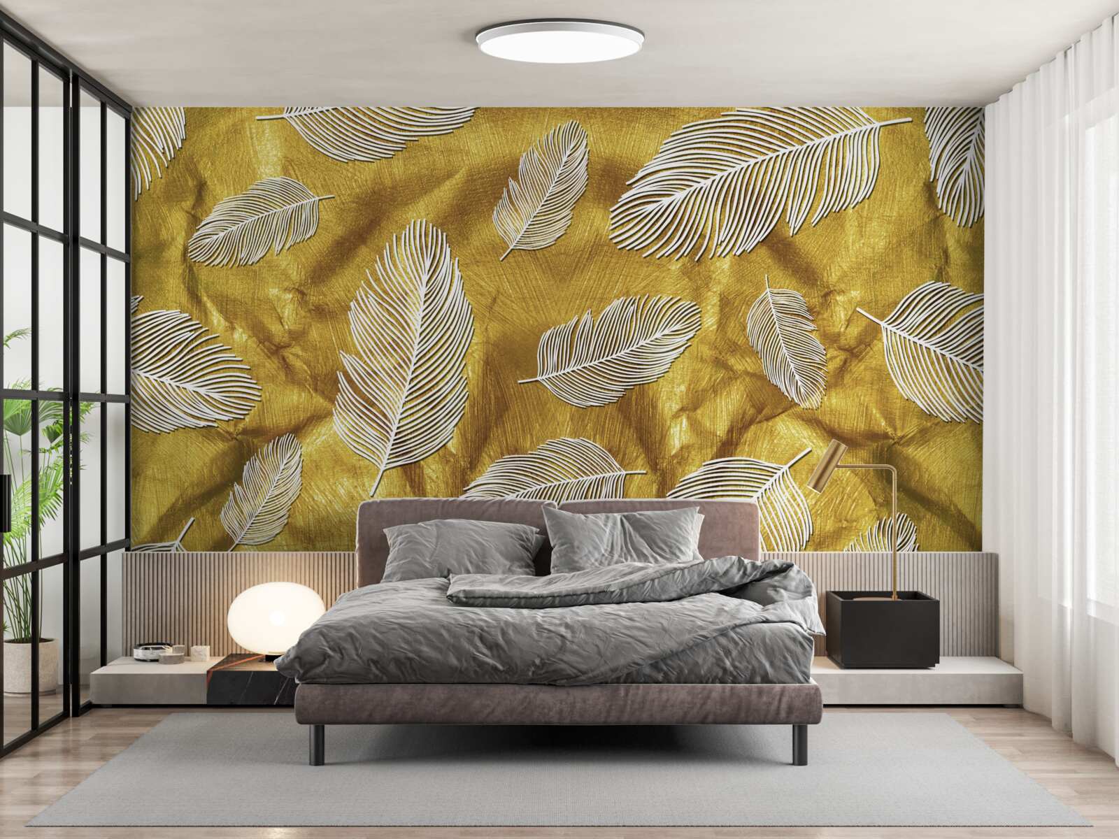 Fototapeta tenké biele pierka na zlatom podklade