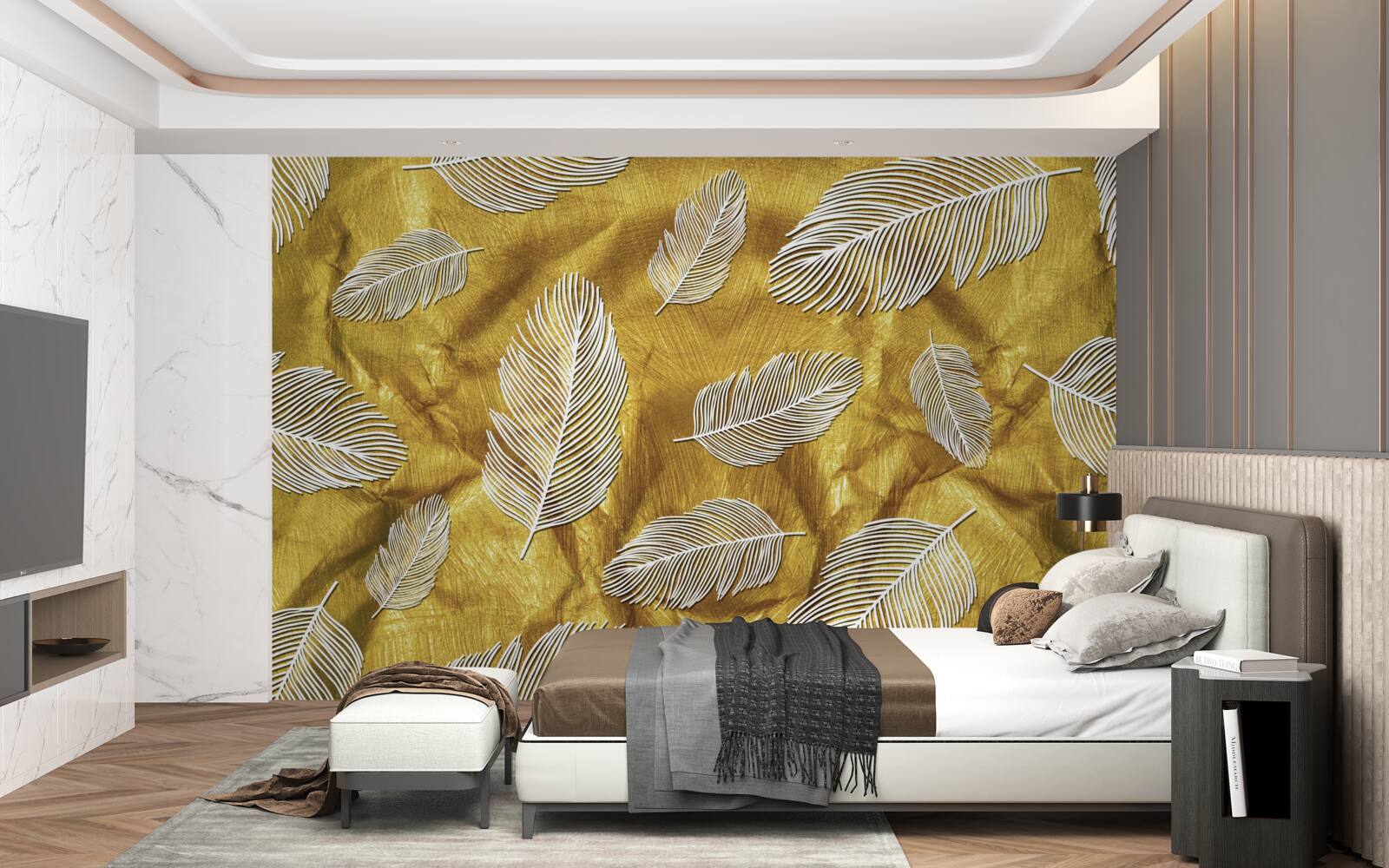 Fototapeta tenké biele pierka na zlatom podklade