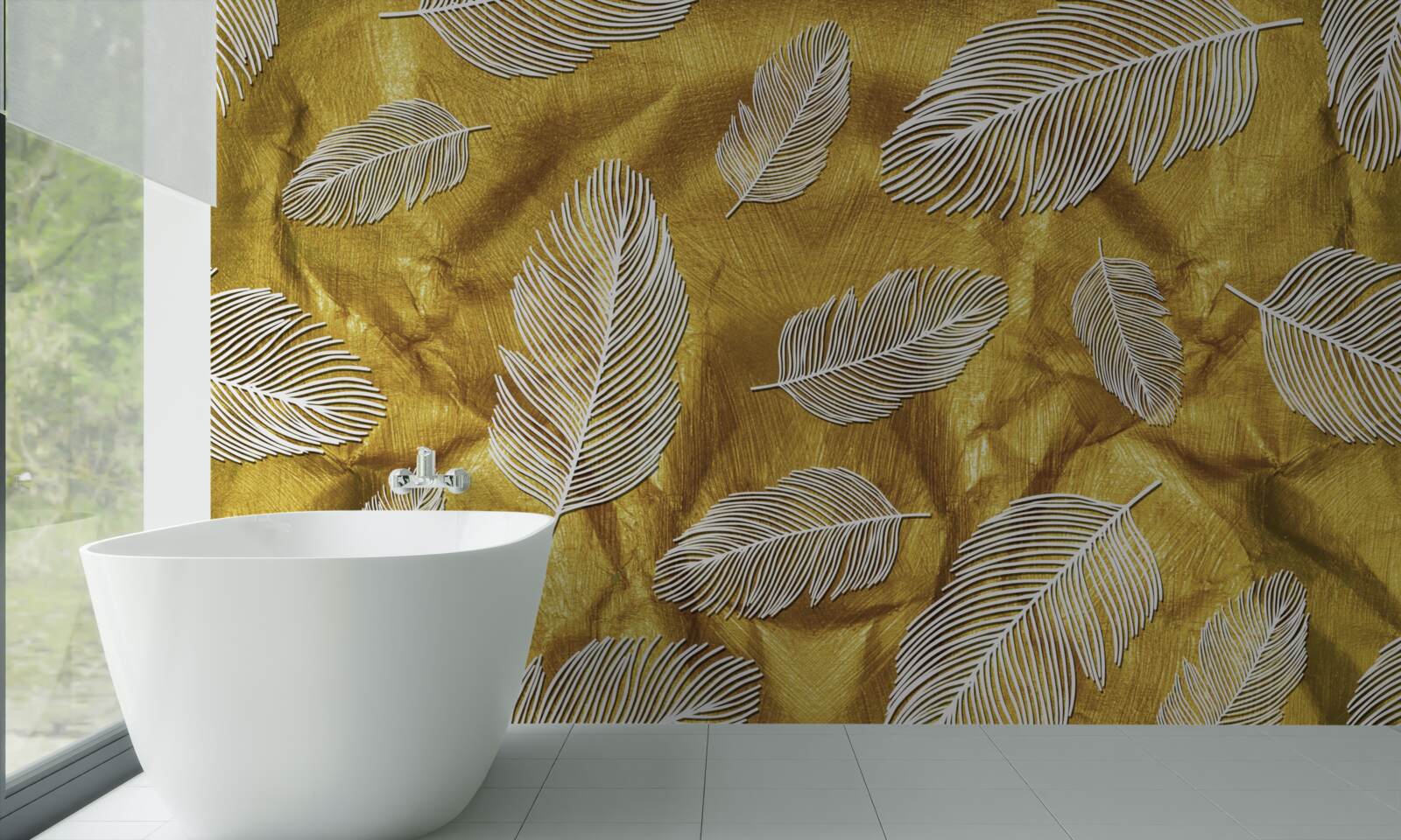 Fototapeta tenké biele pierka na zlatom podklade