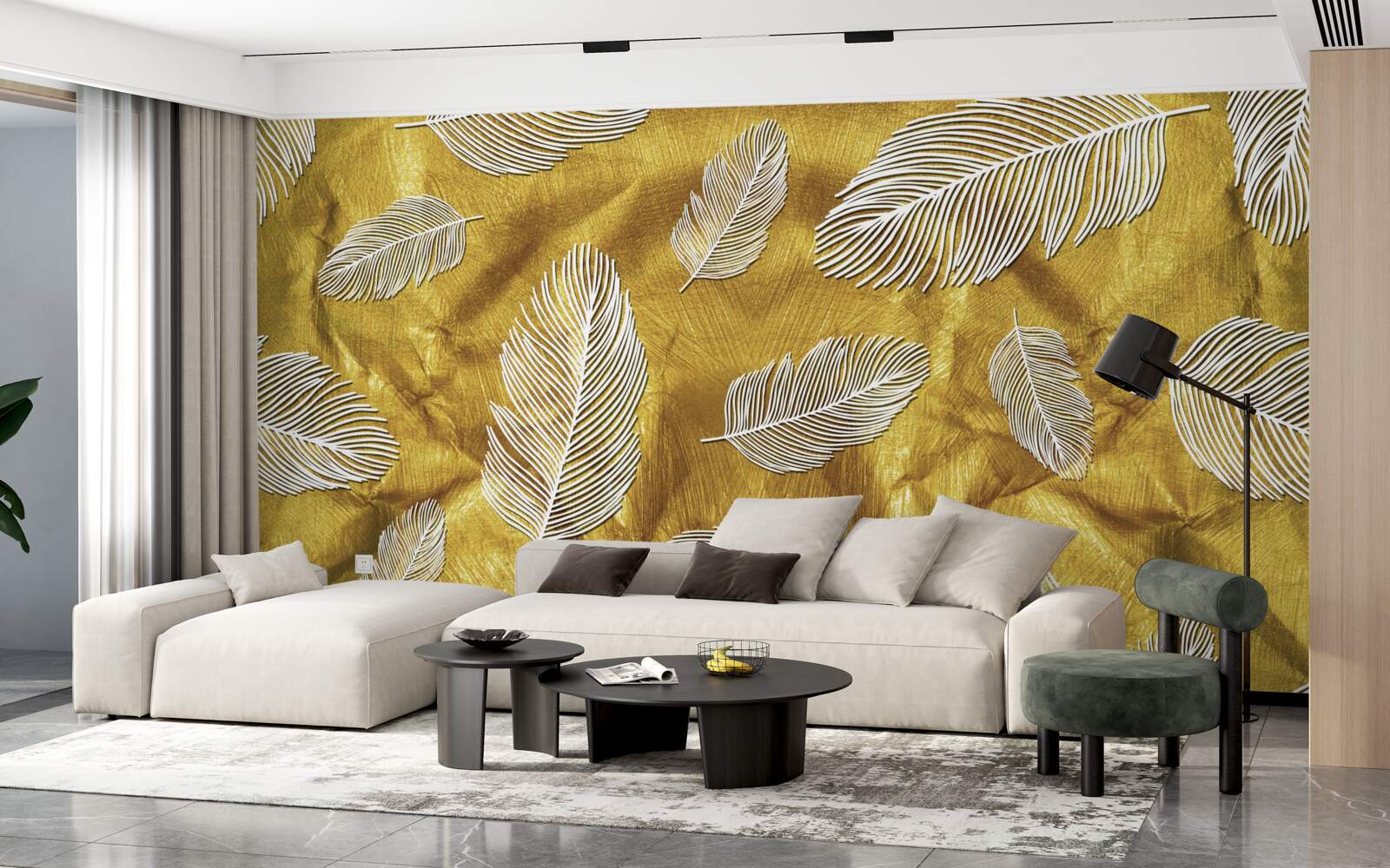 Fototapeta tenké biele pierka na zlatom podklade