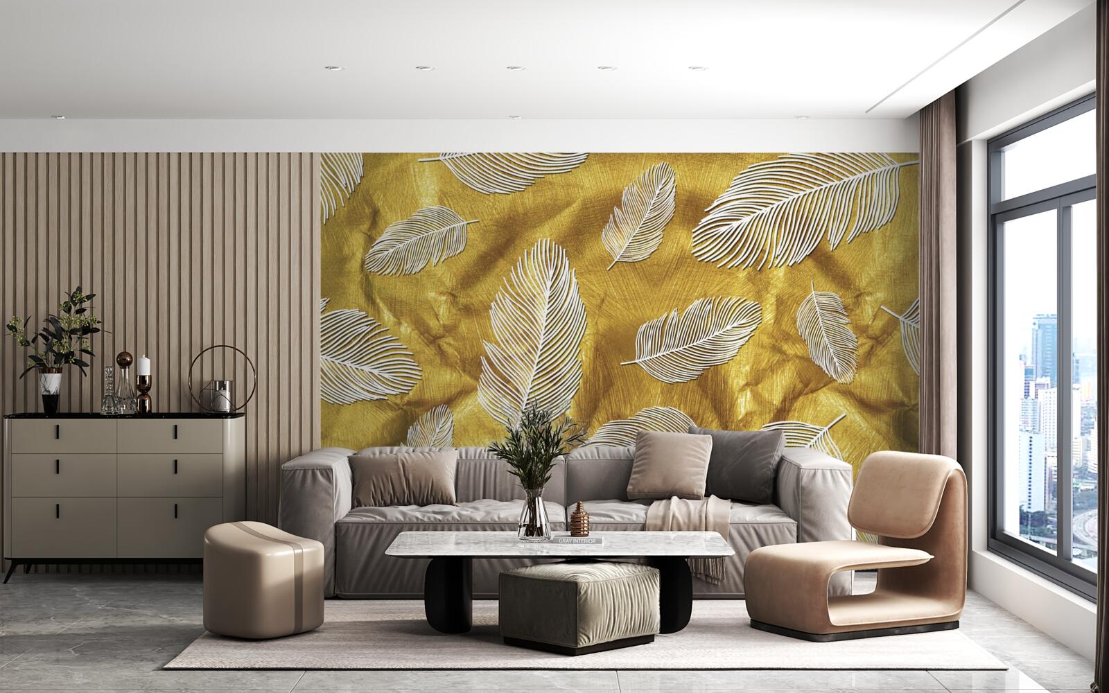 Fototapeta tenké biele pierka na zlatom podklade