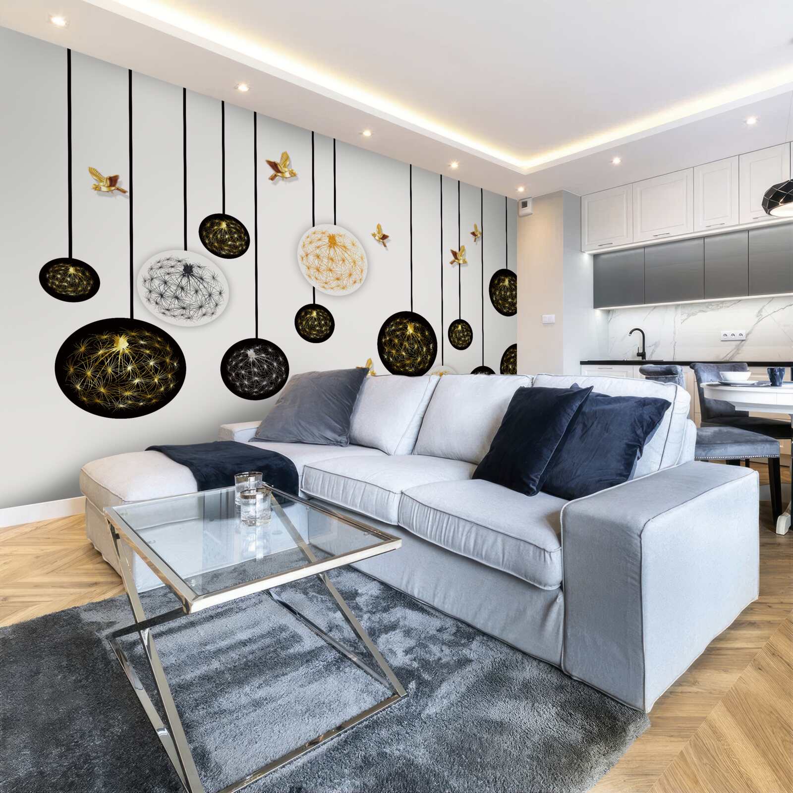 Fototapeta čierne závesné gule na svetlom pozadí