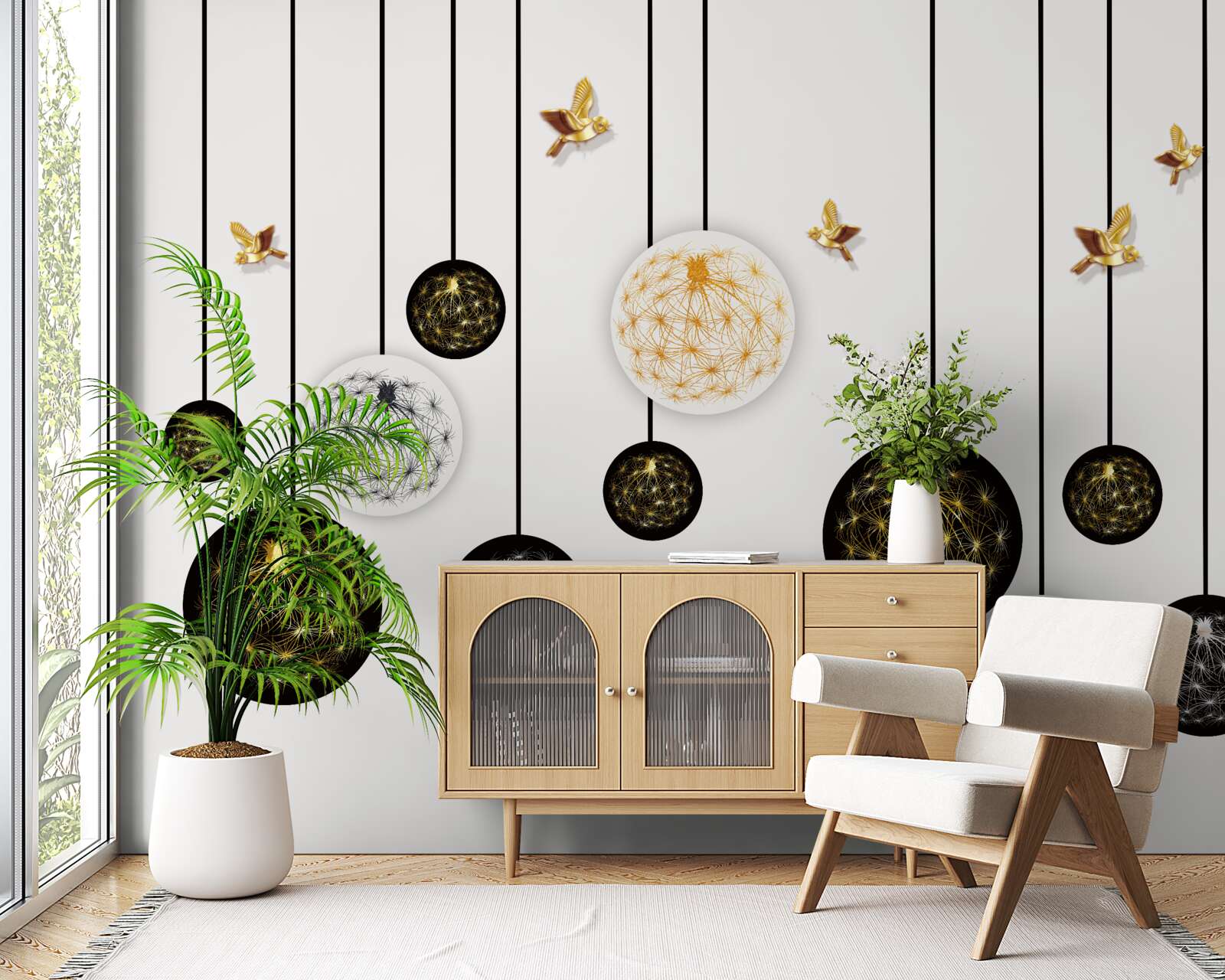 Fototapeta čierne závesné gule na svetlom pozadí