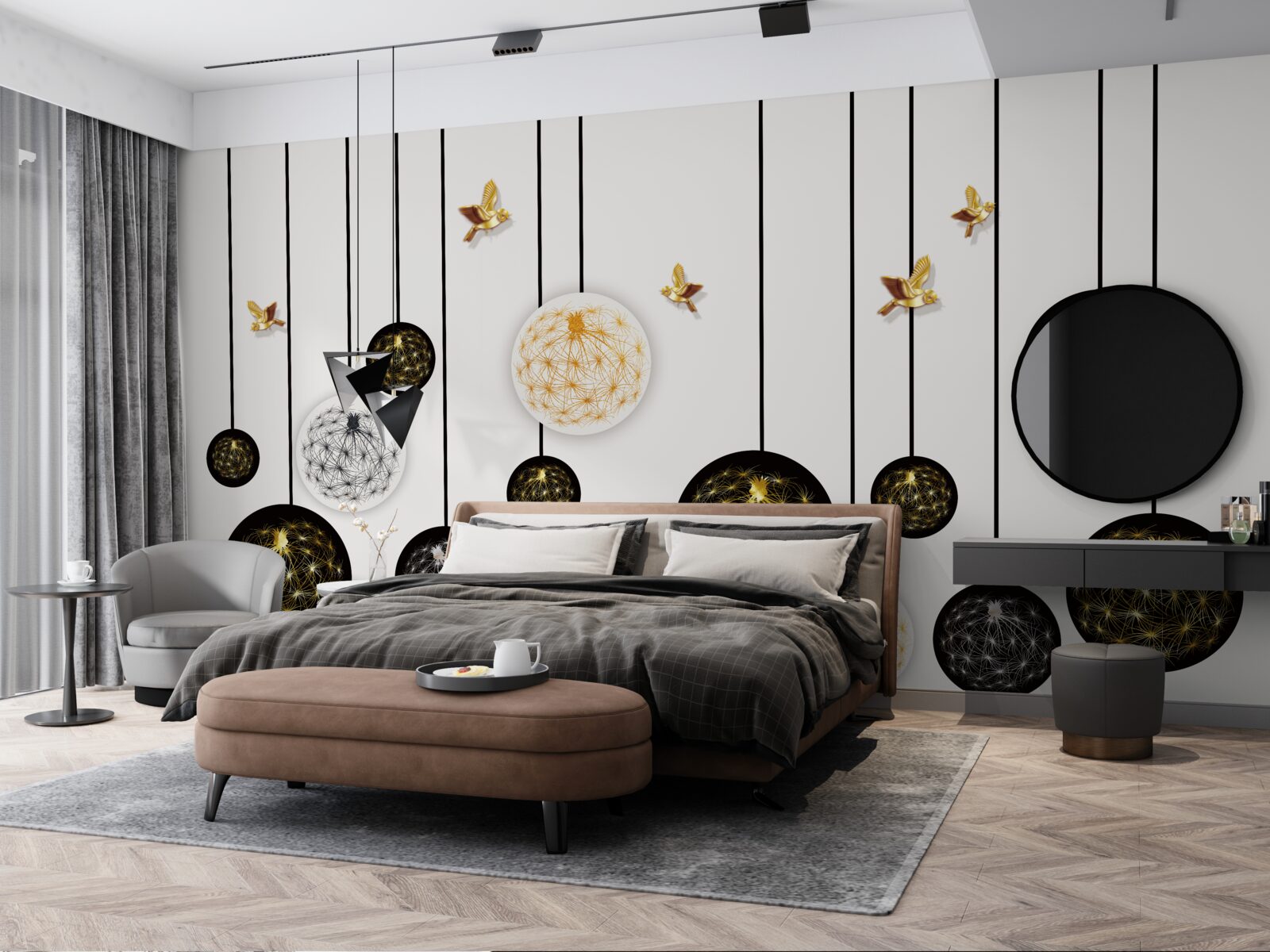 Fototapeta čierne závesné gule na svetlom pozadí