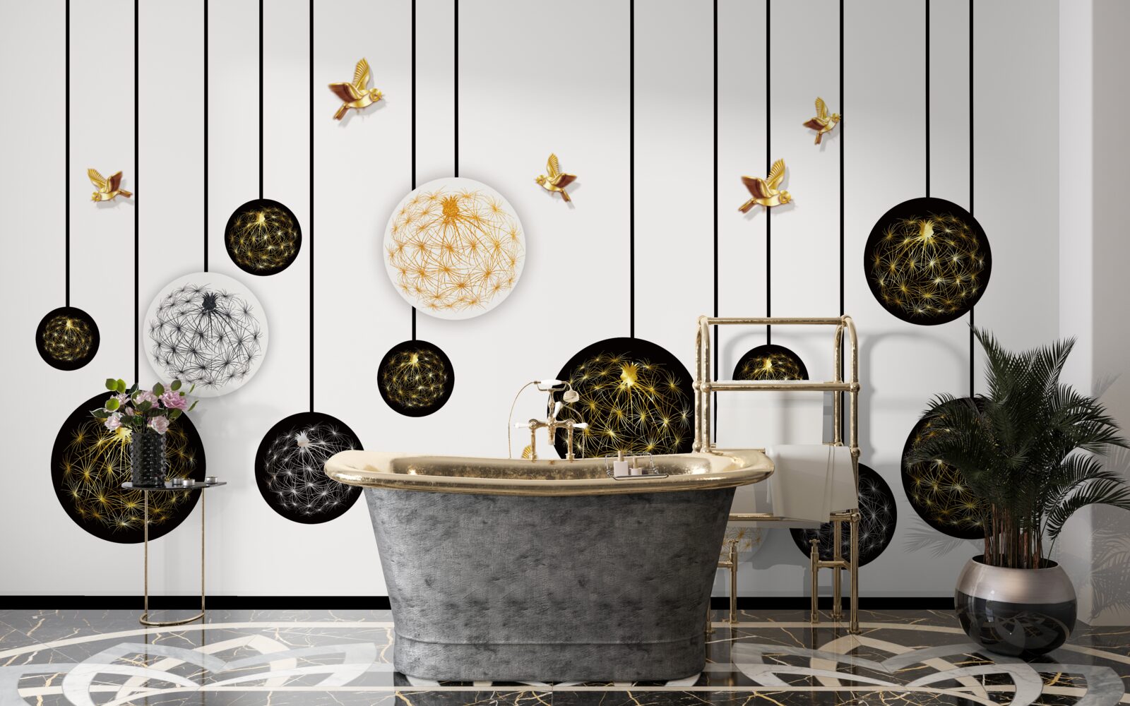 Fototapeta čierne závesné gule na svetlom pozadí