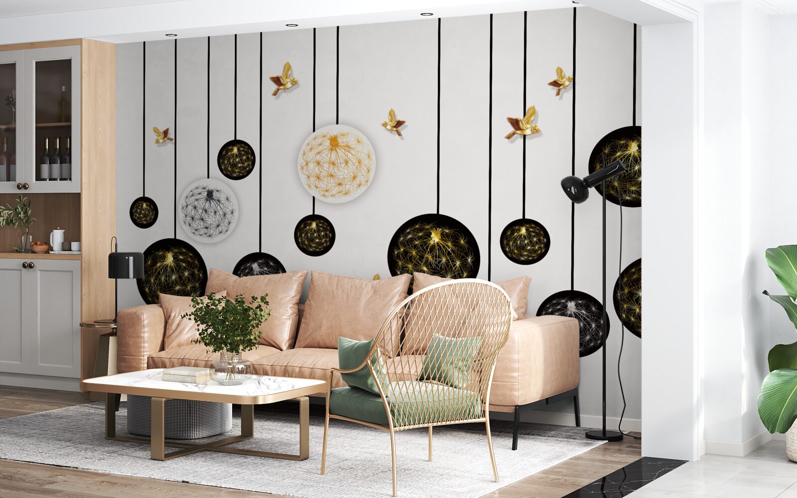 Fototapeta čierne závesné gule na svetlom pozadí